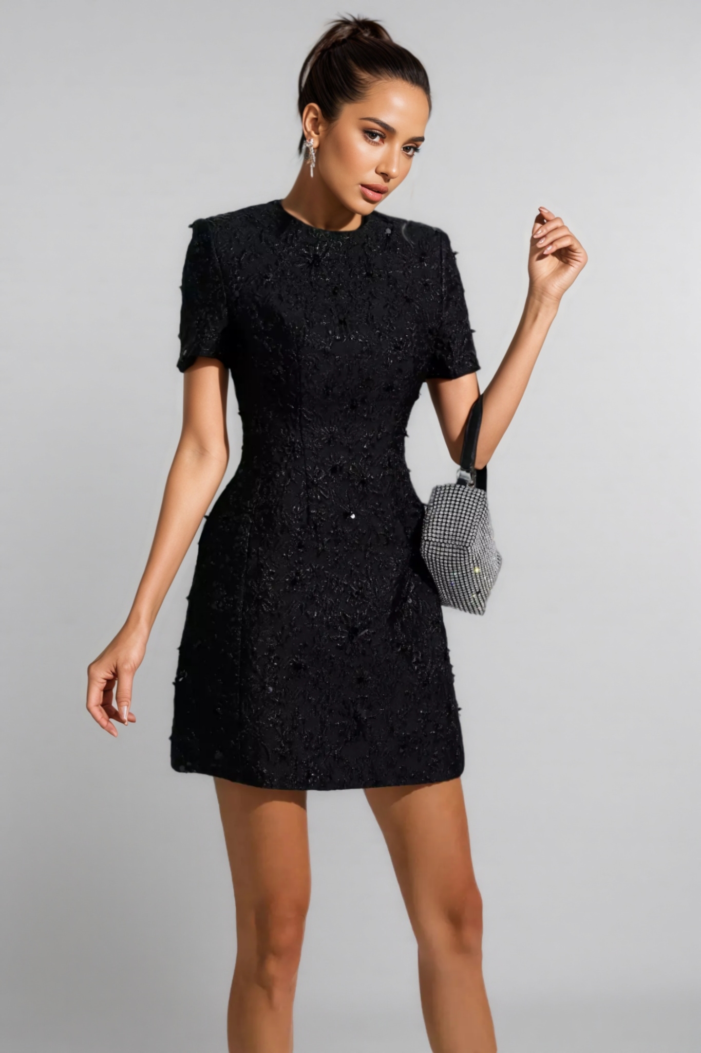 Umeko Black Jacquard Floral Mini Dress