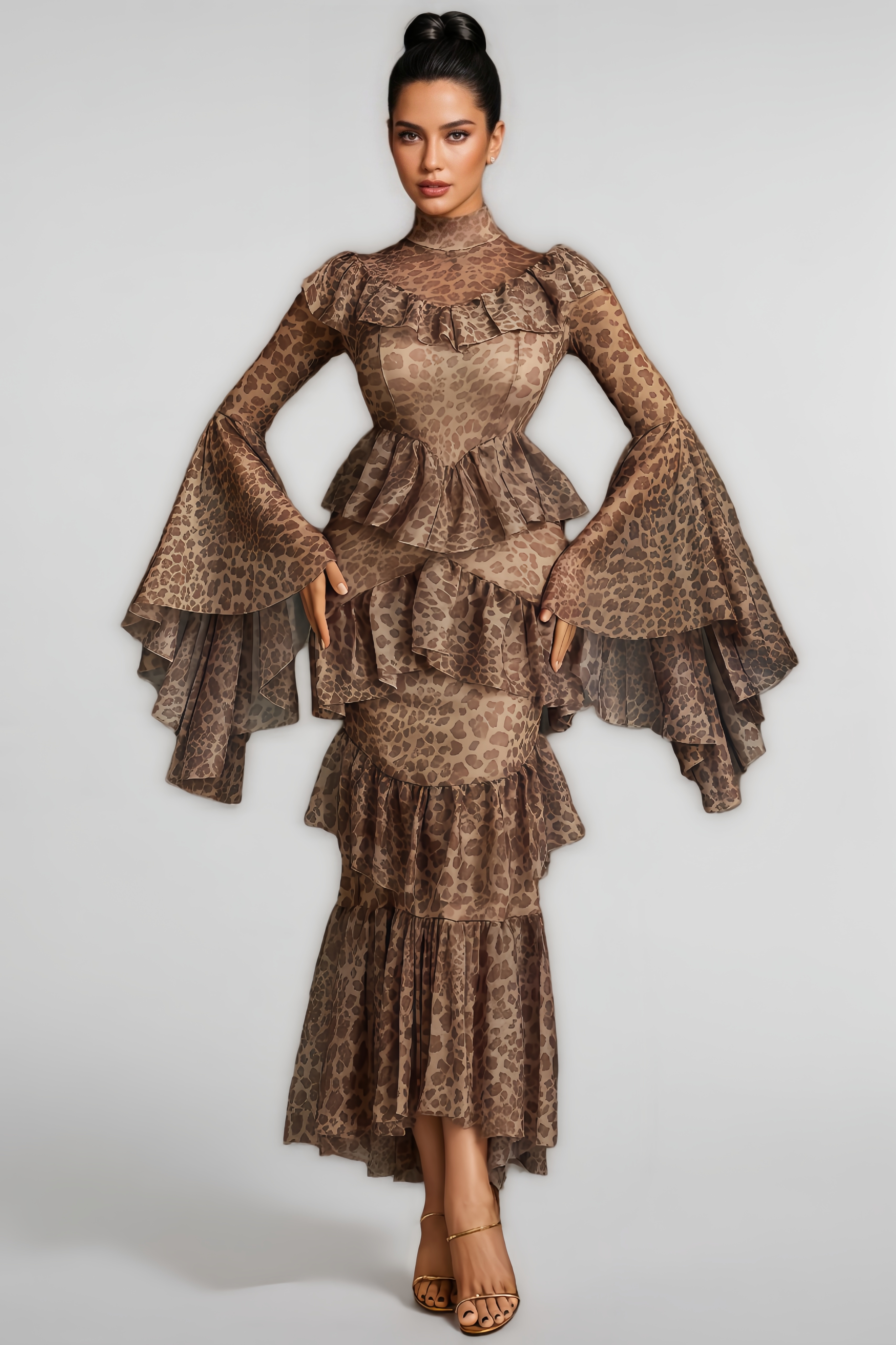 Astrid Bell Sleeve Leopard Midi Dress