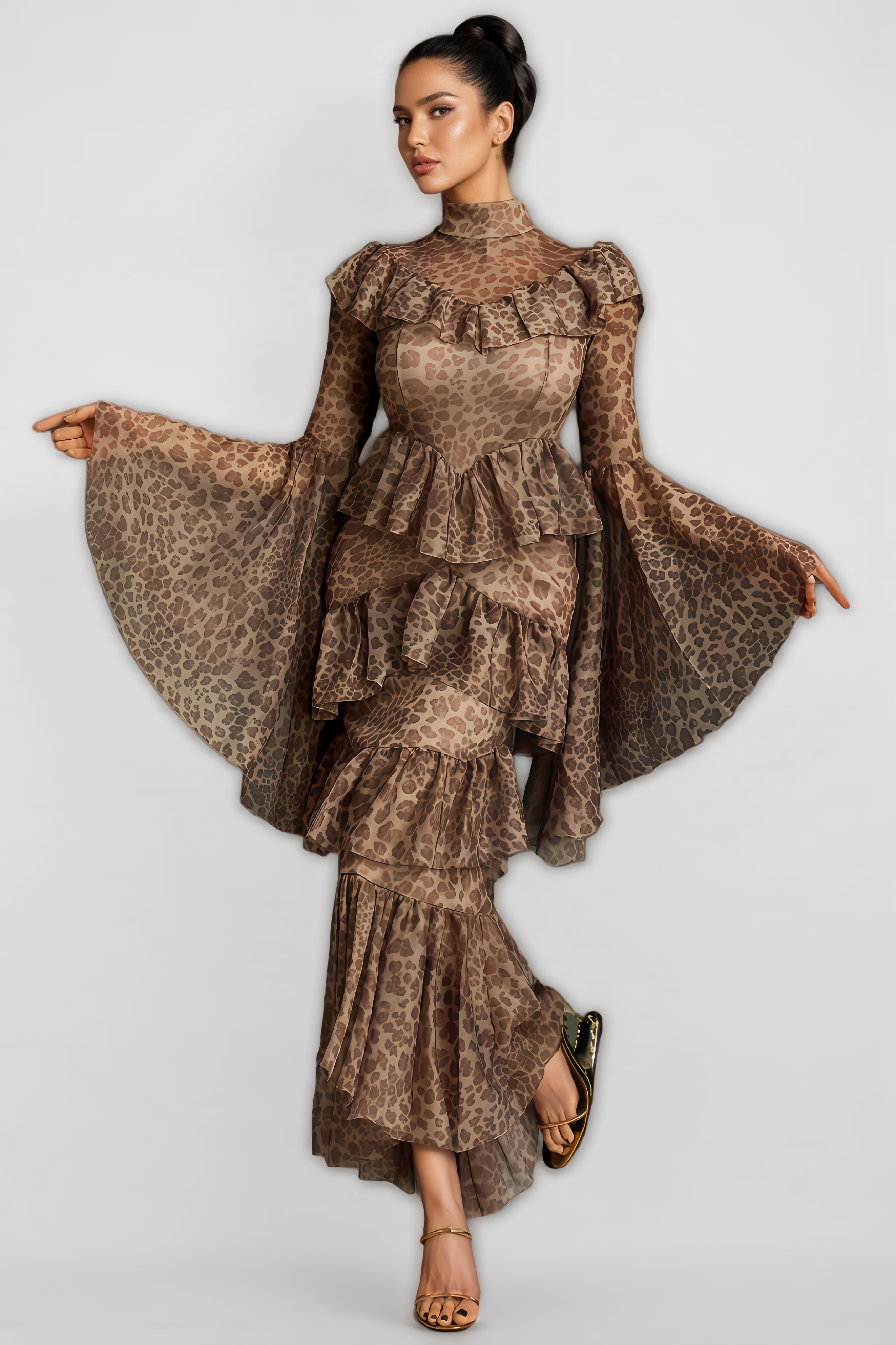 Astrid Bell Sleeve Leopard Midi Dress