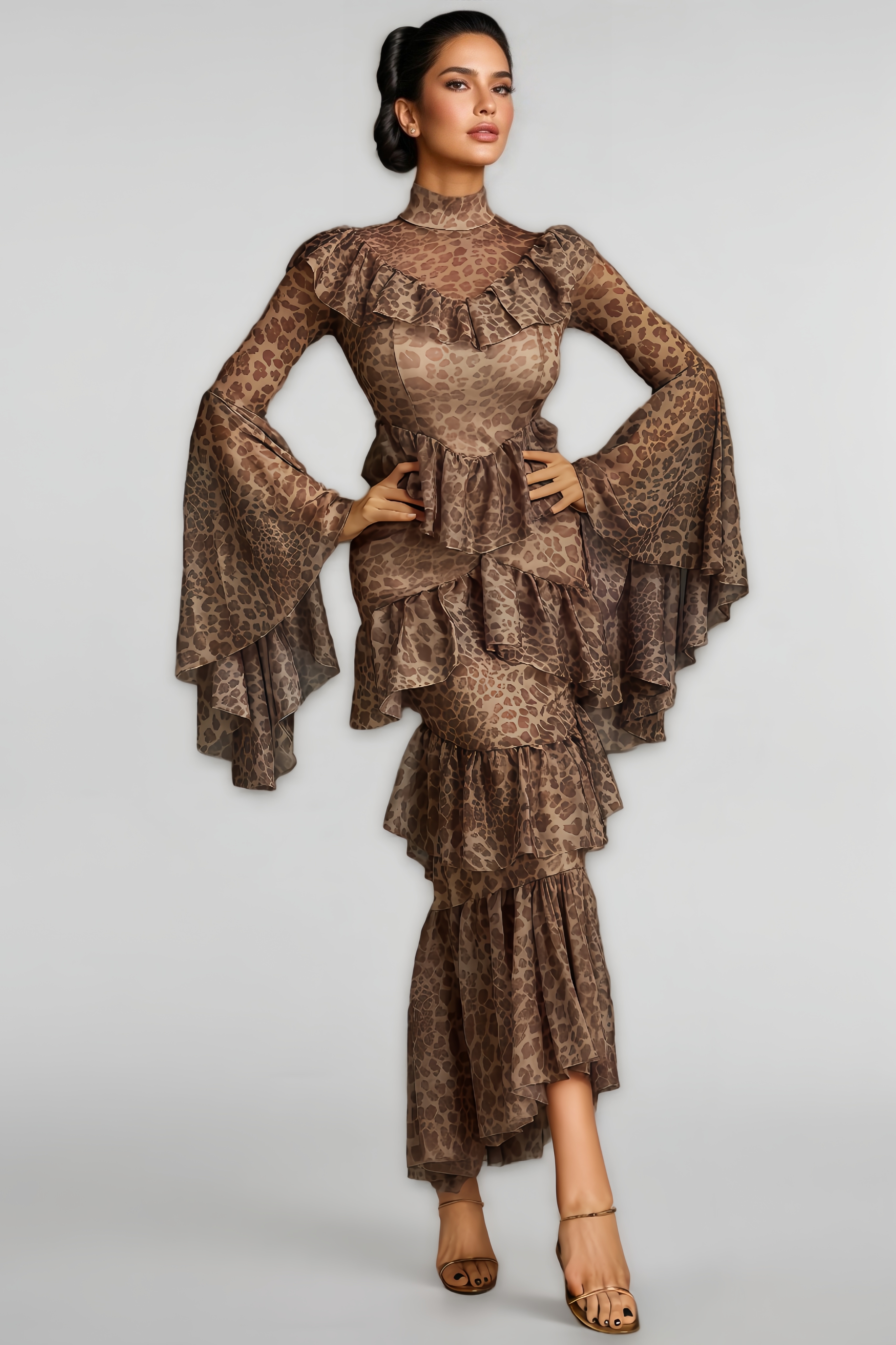 Astrid Bell Sleeve Leopard Midi Dress