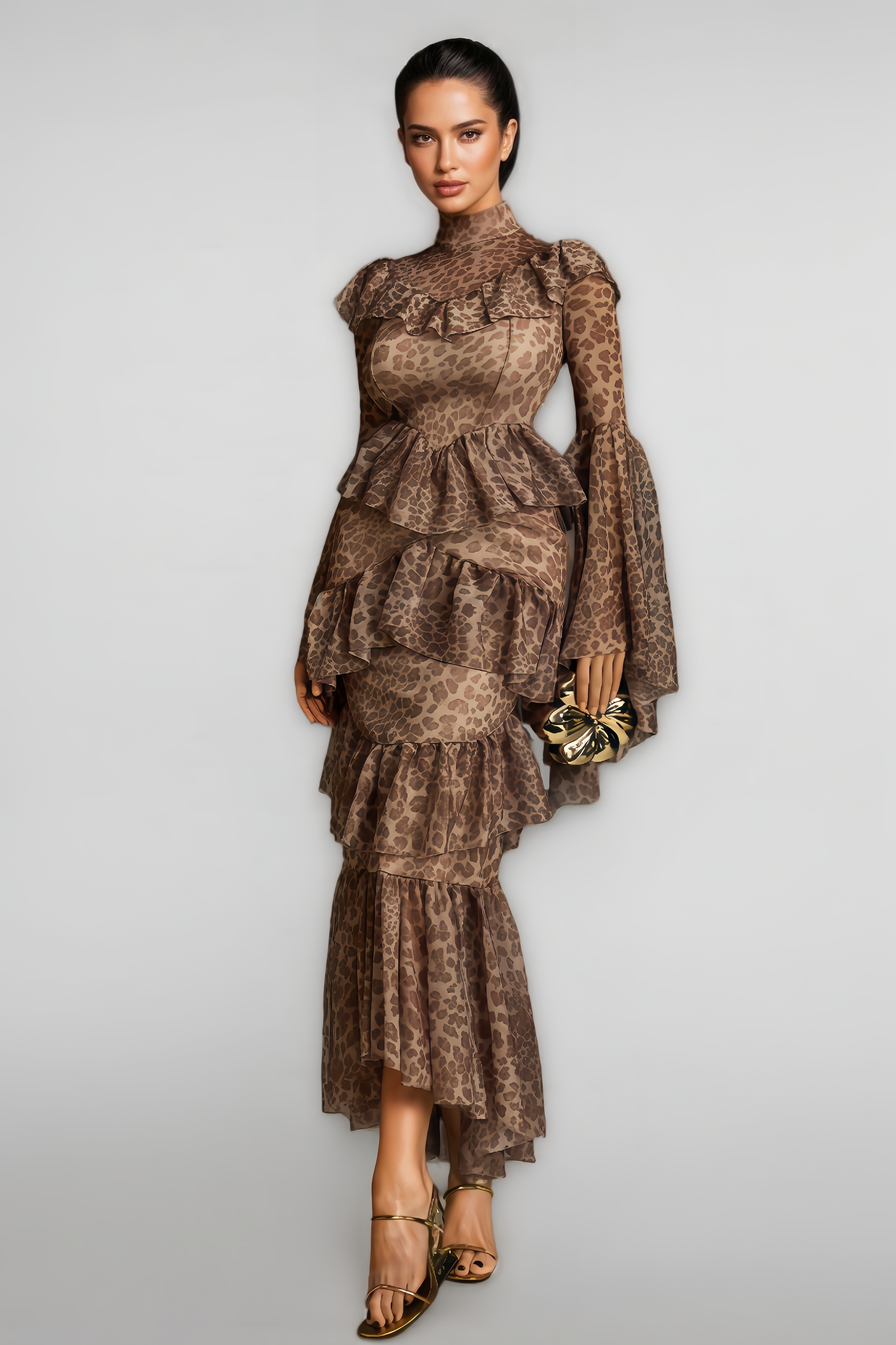 Astrid Bell Sleeve Leopard Midi Dress