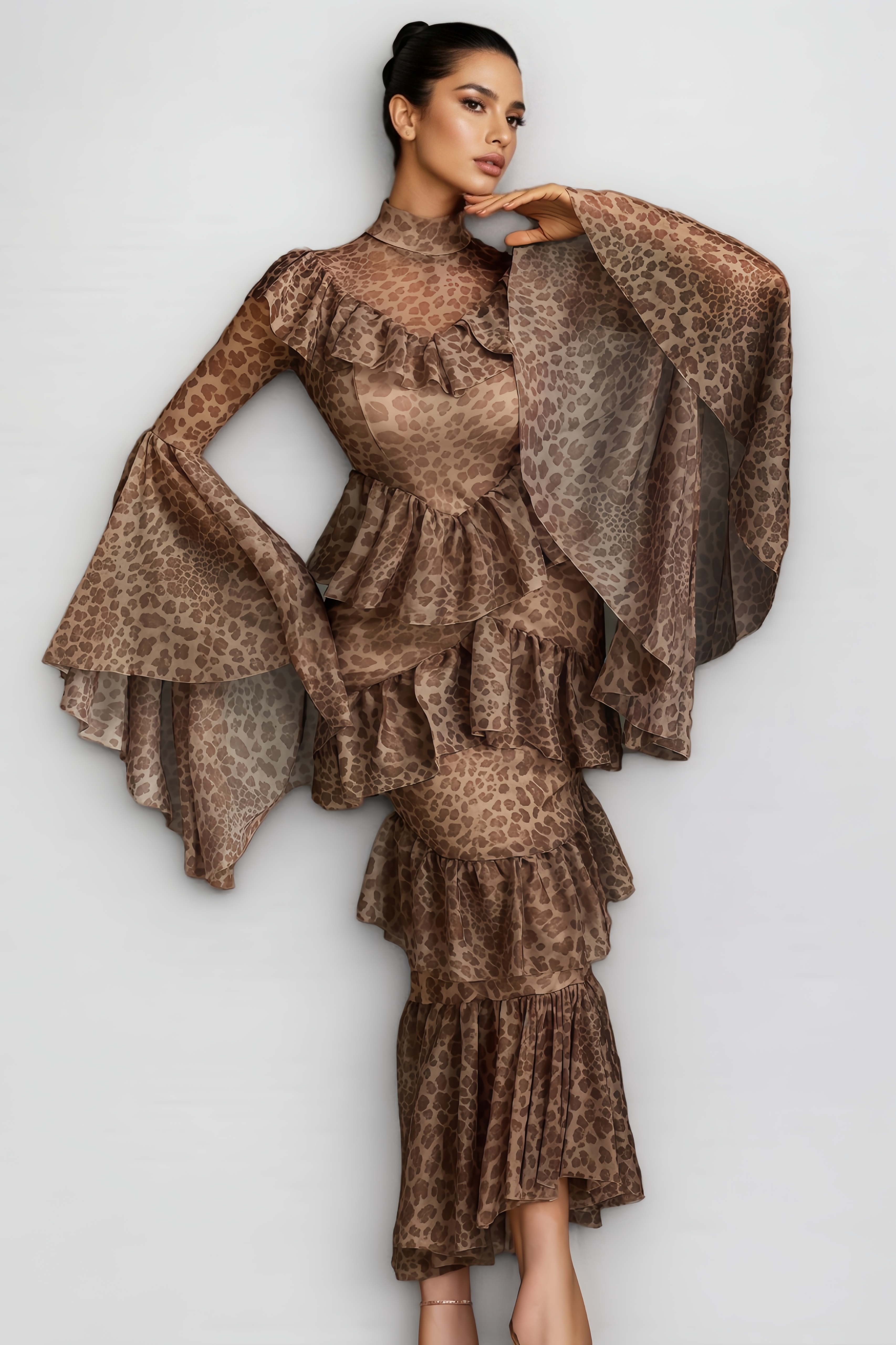 Astrid Bell Sleeve Leopard Midi Dress