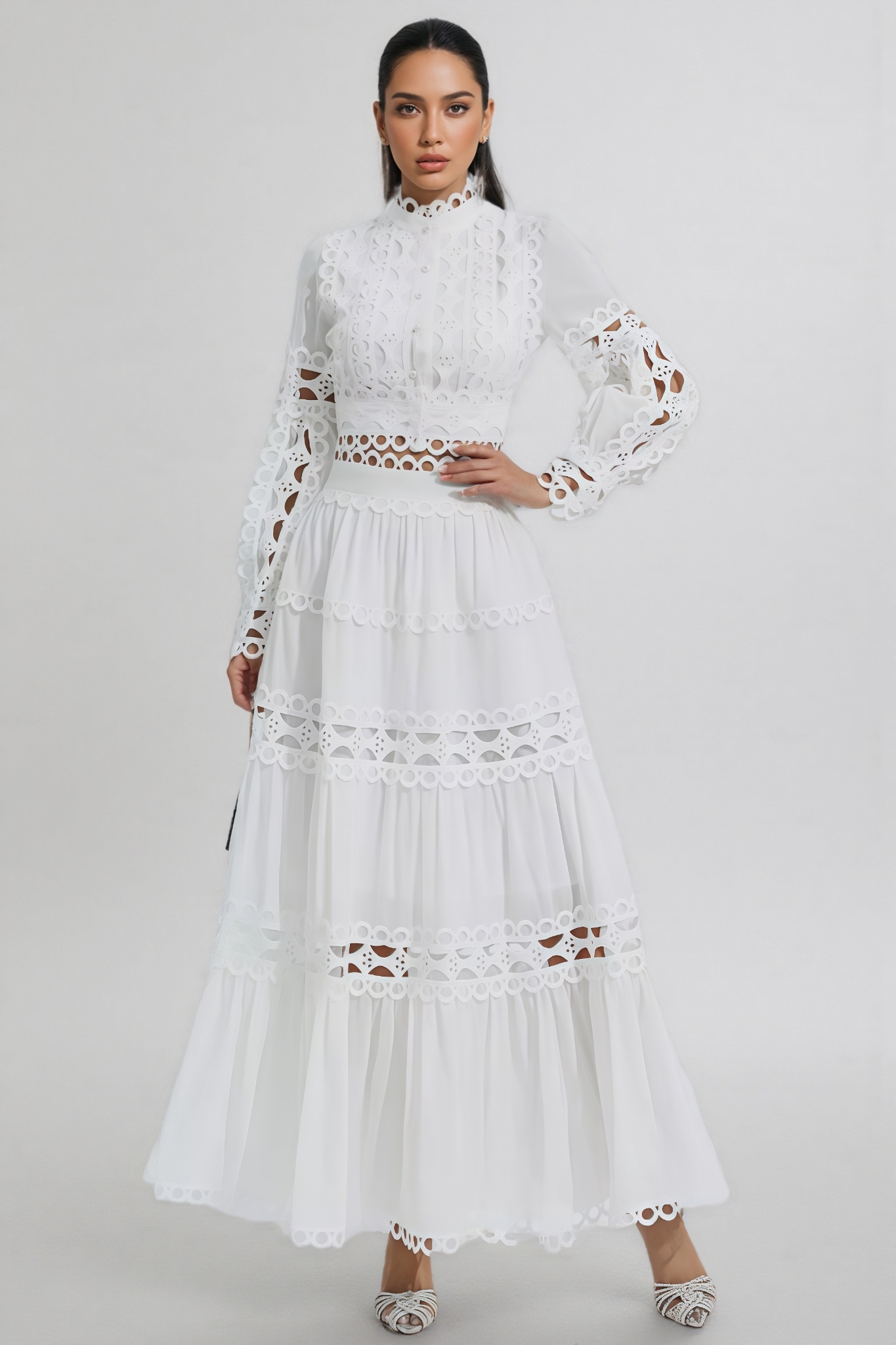 Zephrt White Lace Hollow Maxi Dress Set