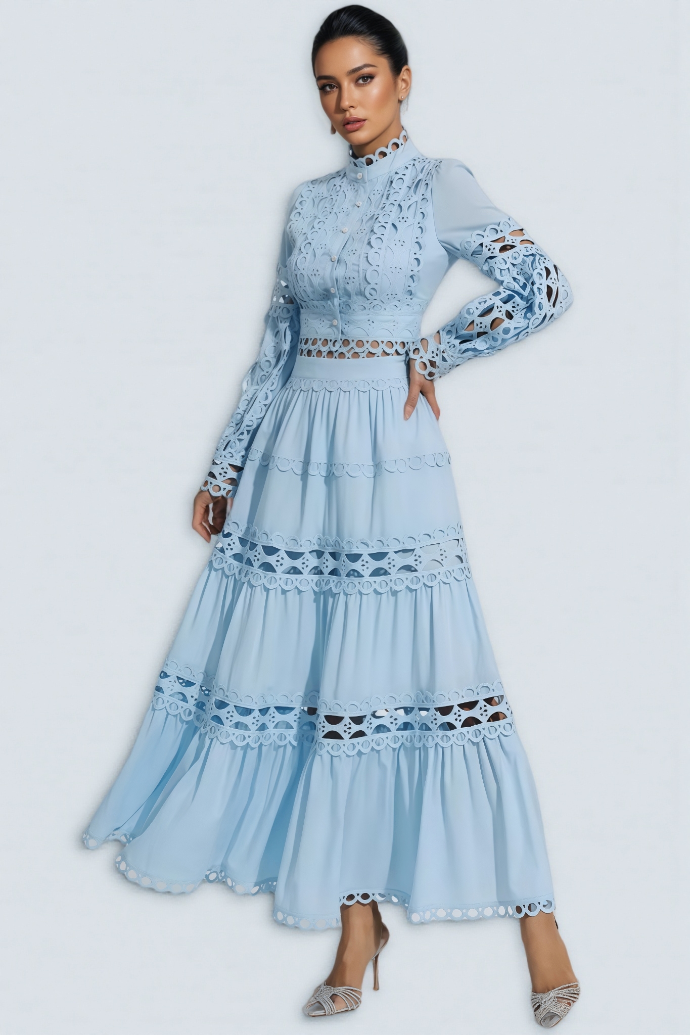 Kyrag Blue Lace Hollow Maxi Dress Set
