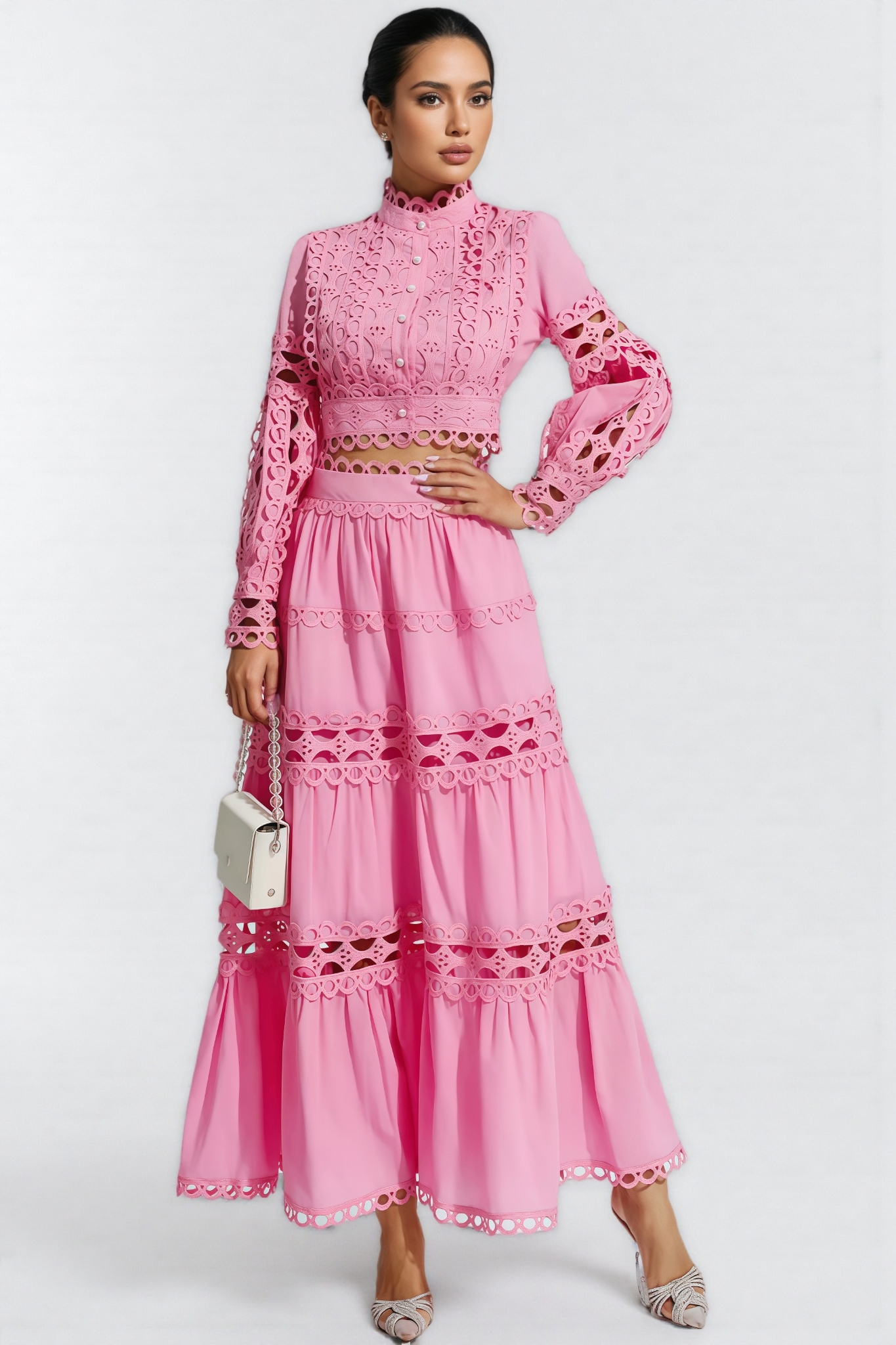 Lysd Pink Lace Hollow Maxi Dress Set