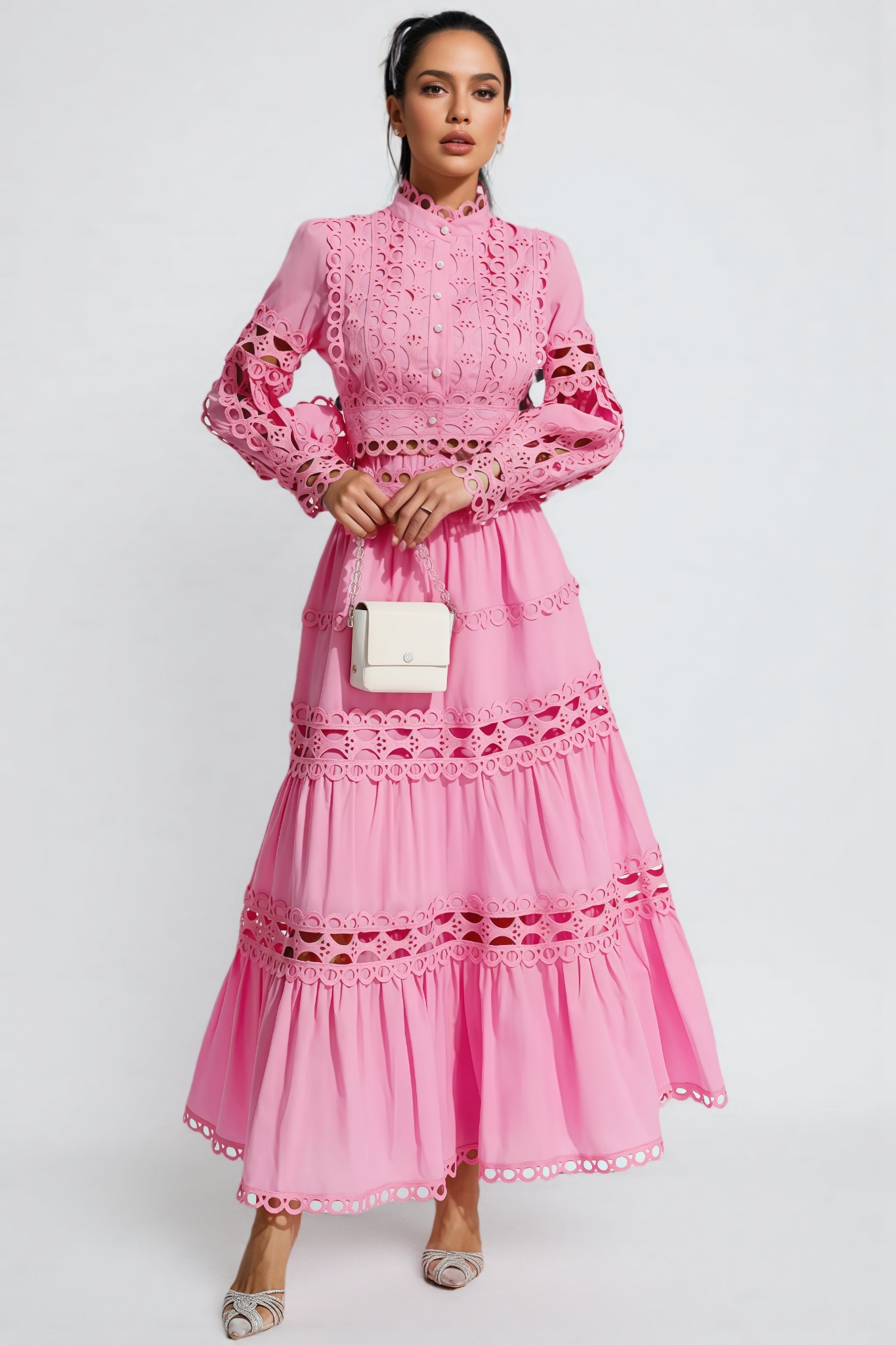 Lysd Pink Lace Hollow Maxi Dress Set