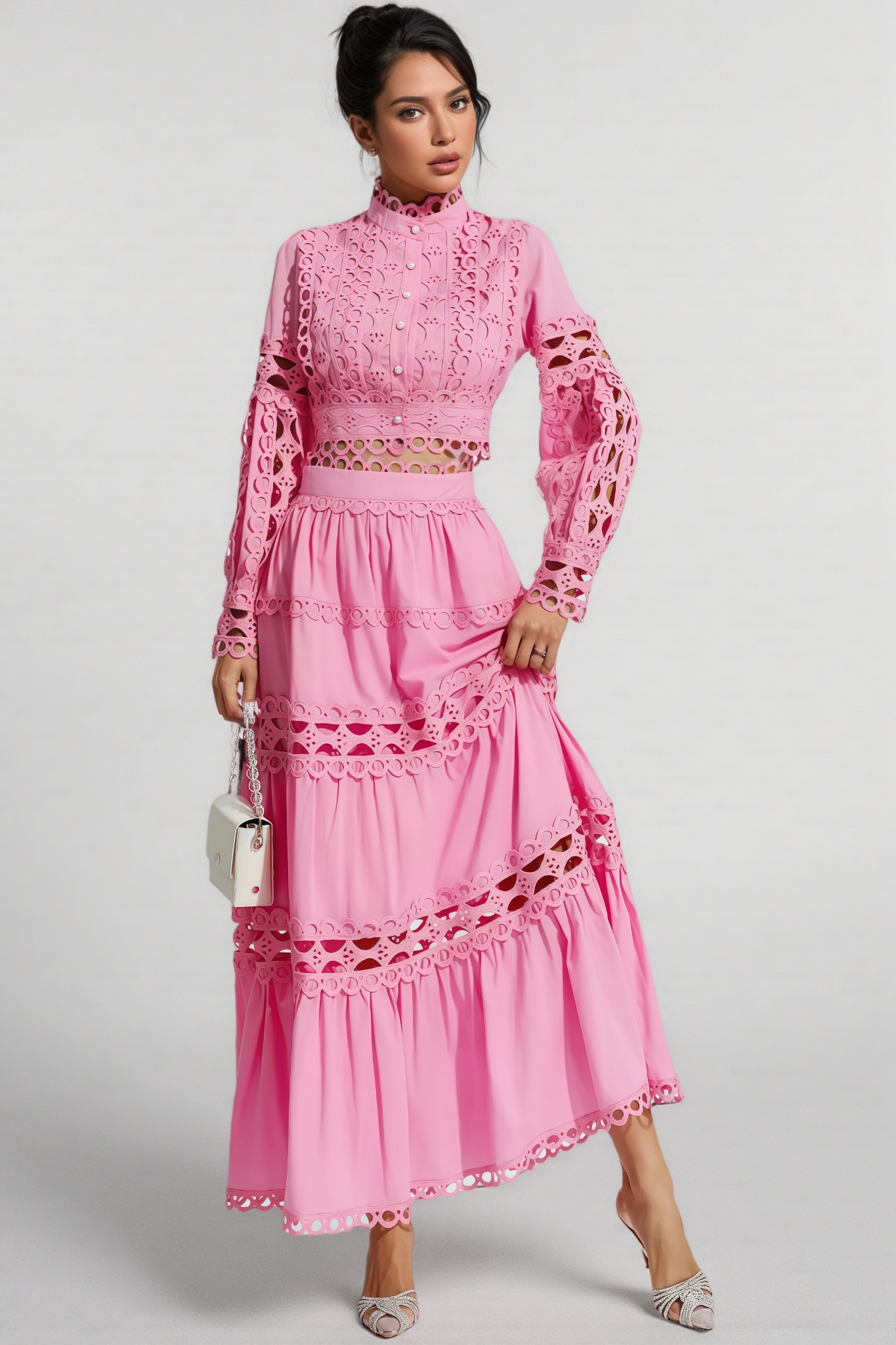 Lysd Pink Lace Hollow Maxi Dress Set