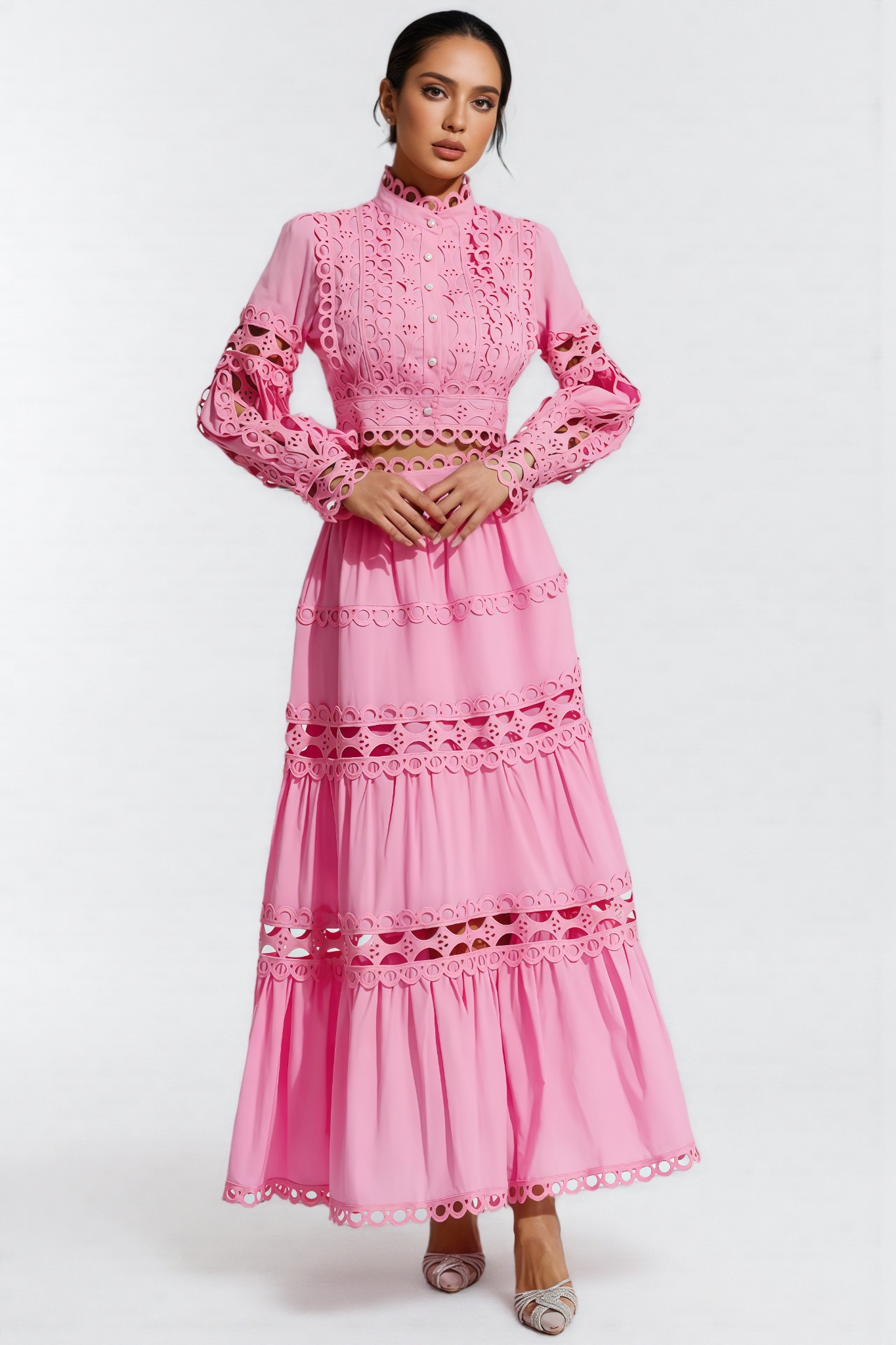 Lysd Pink Lace Hollow Maxi Dress Set