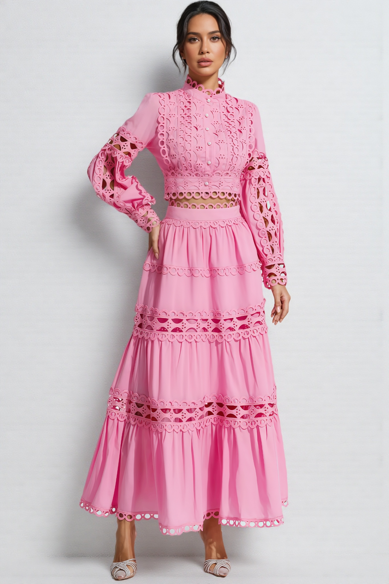Lysd Pink Lace Hollow Maxi Dress Set