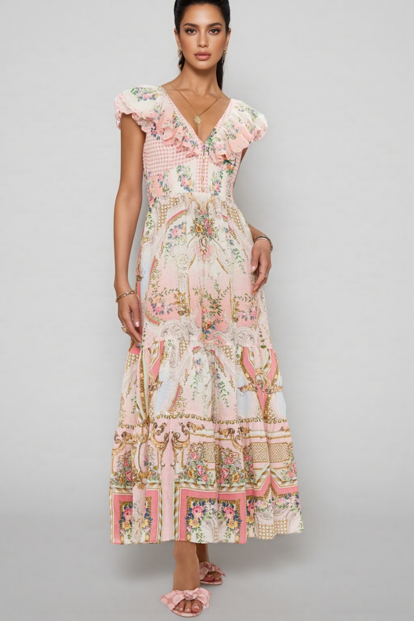 Haldena V-Neck Strappy Print Maxi Dress