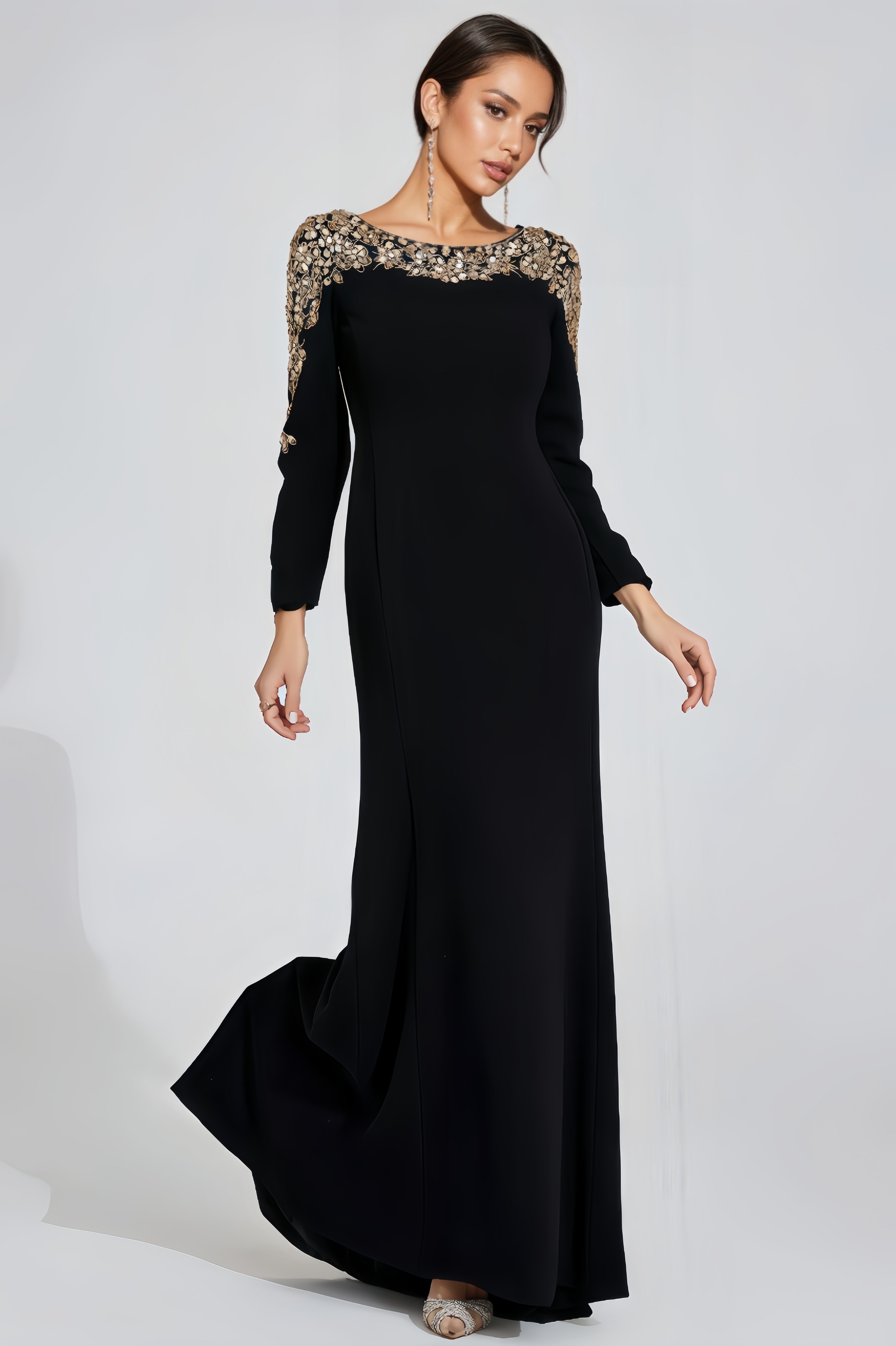 Vako Black Gold-Shoulder Maxi Dress