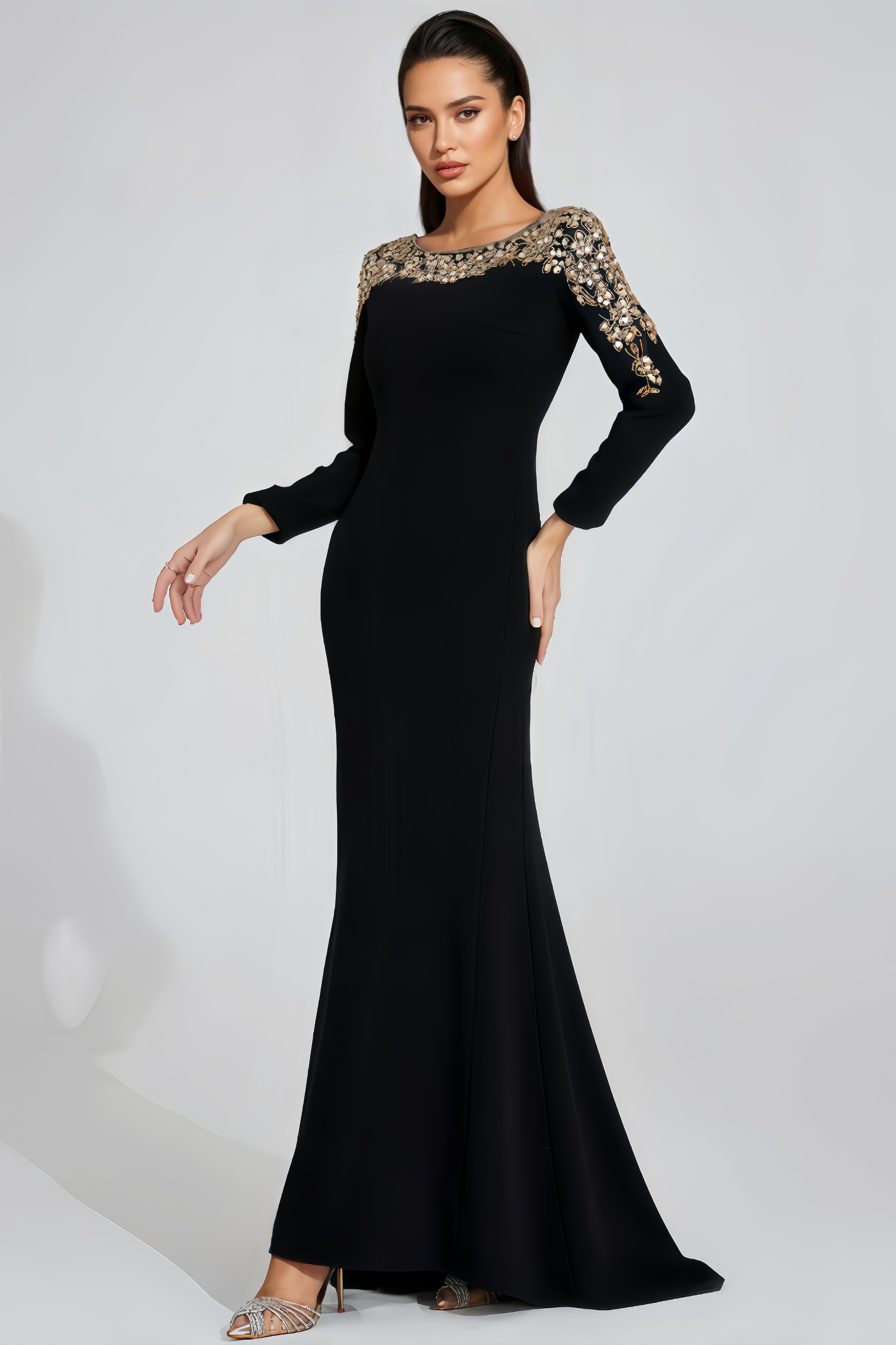 Vako Black Gold-Shoulder Maxi Dress