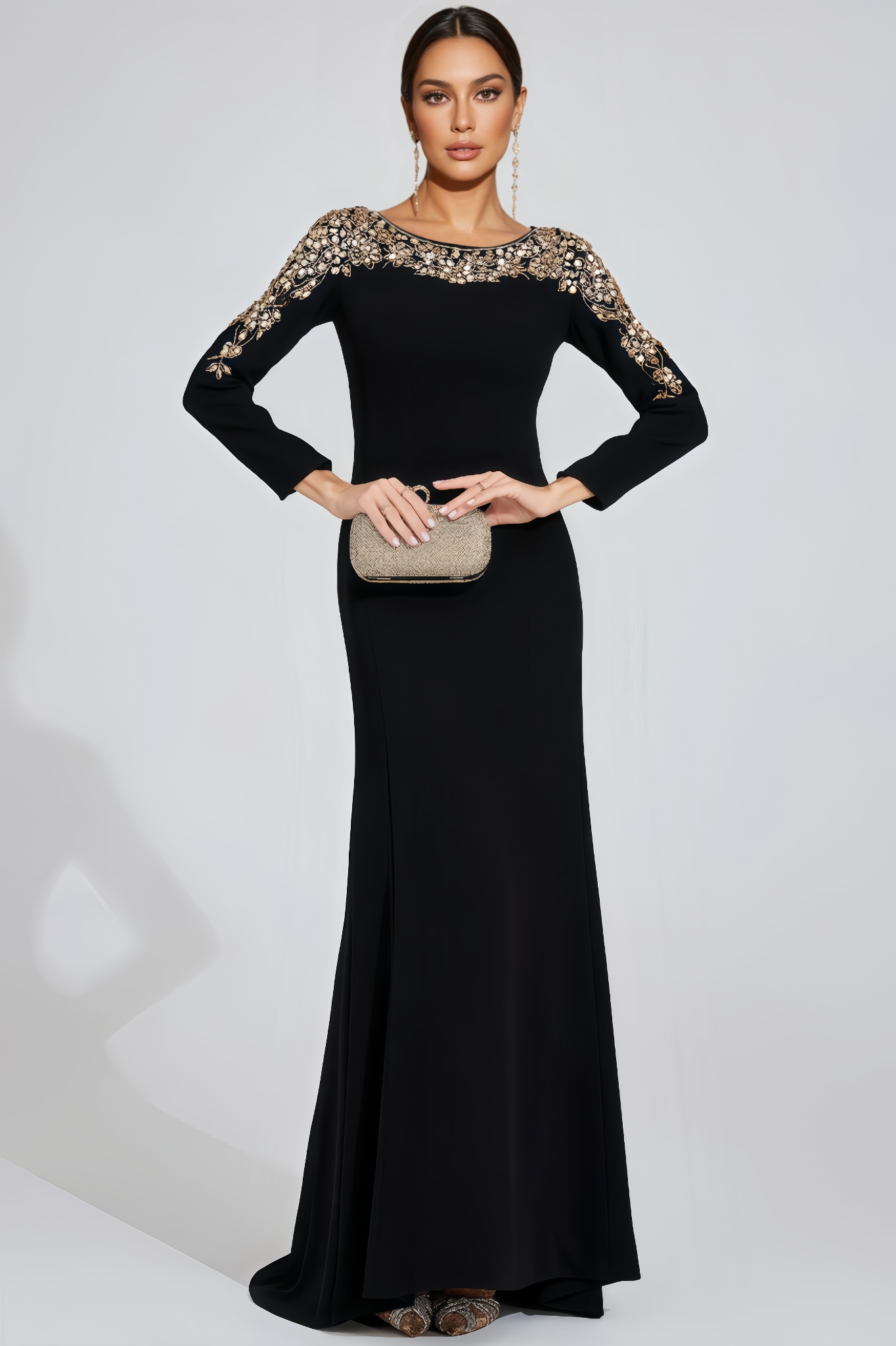 Vako Black Gold-Shoulder Maxi Dress
