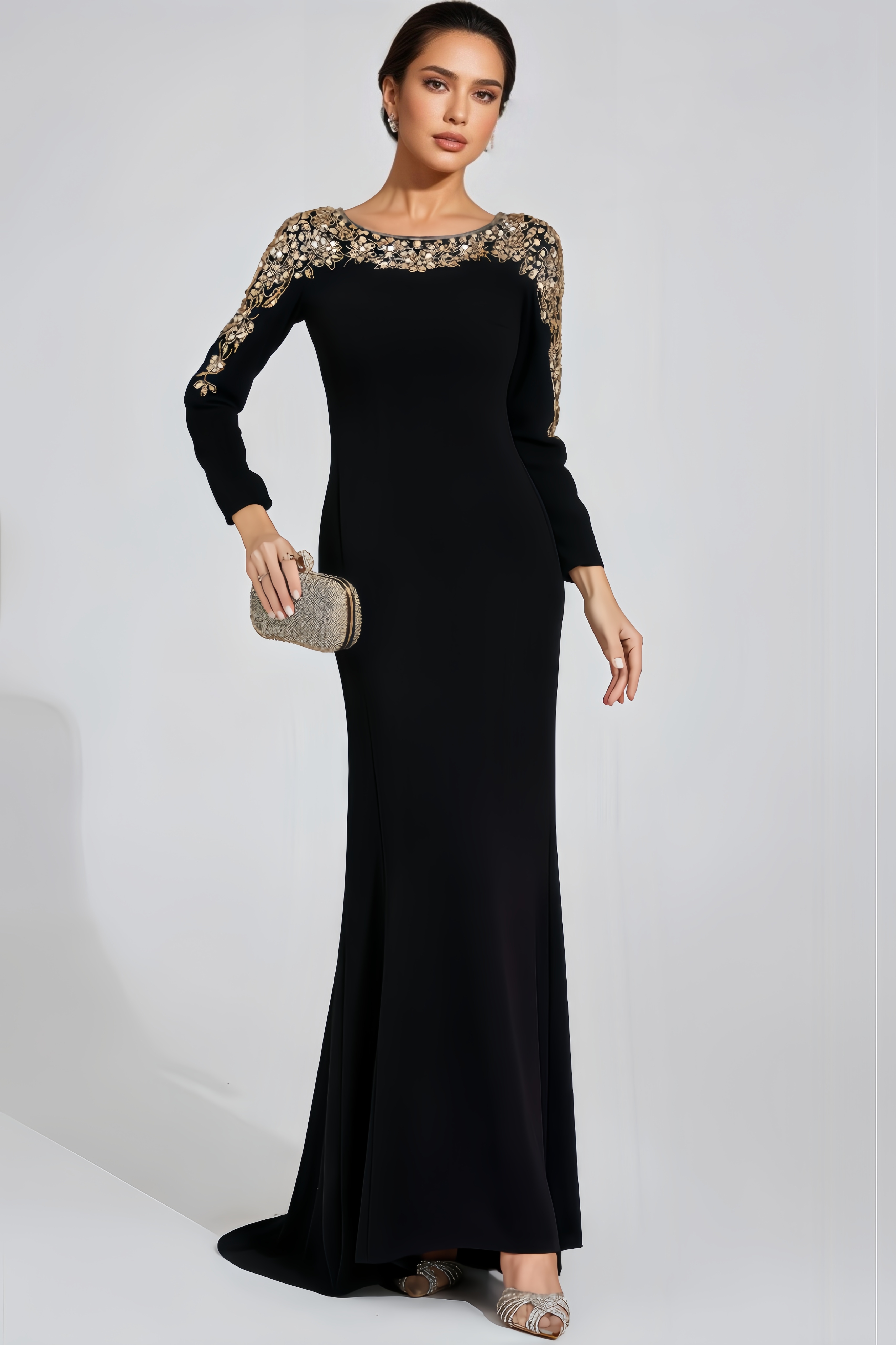 Vako Black Gold-Shoulder Maxi Dress