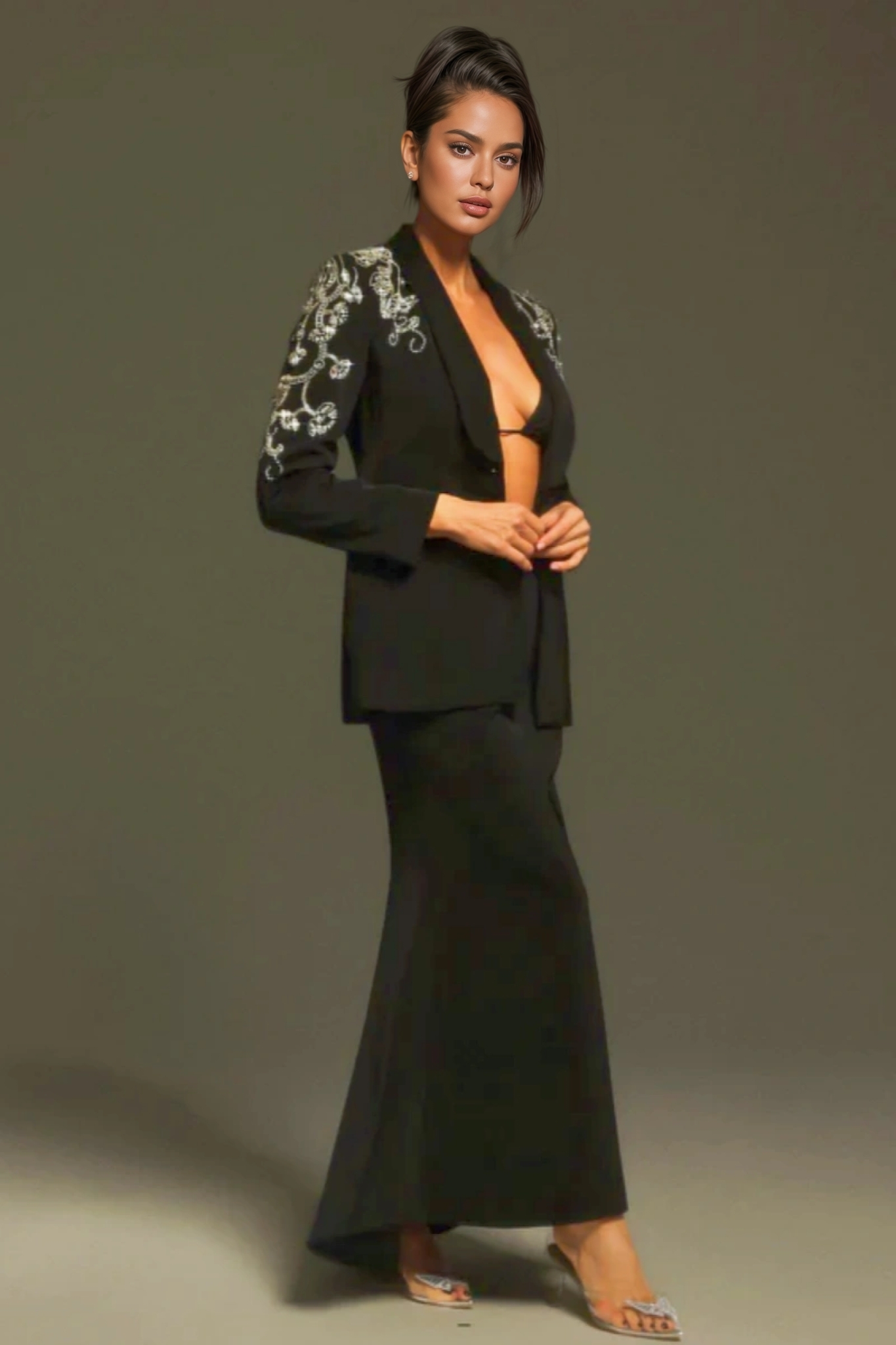 Quinen Long Sleeve Rhinestone Blazer Set