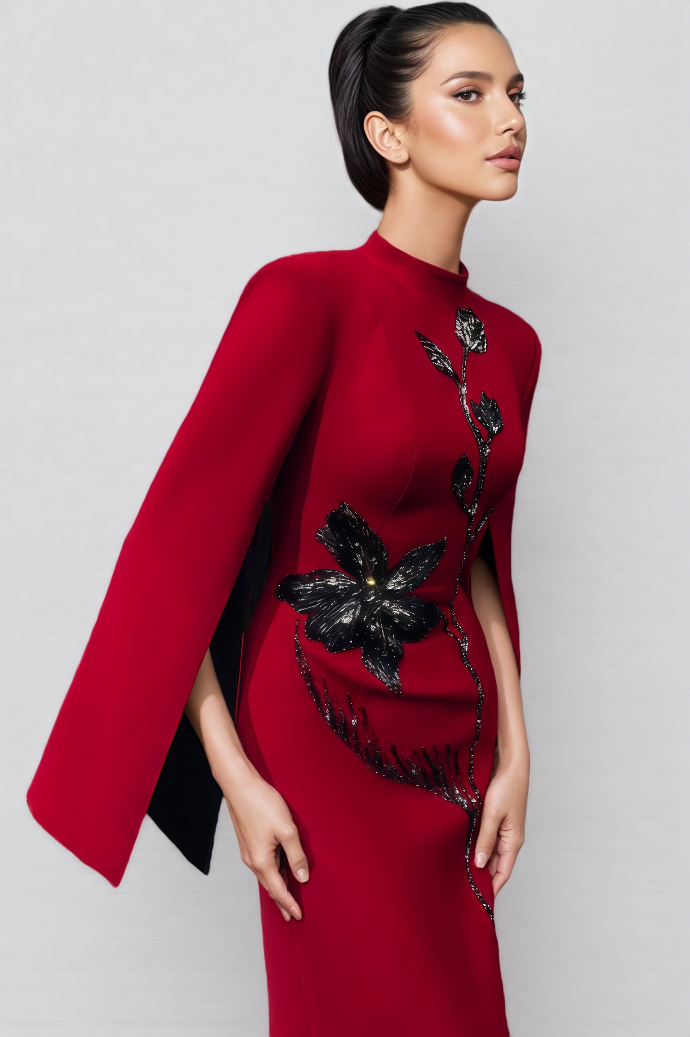 Ezgi Cape Sleeve Back Slit Maxi Dress