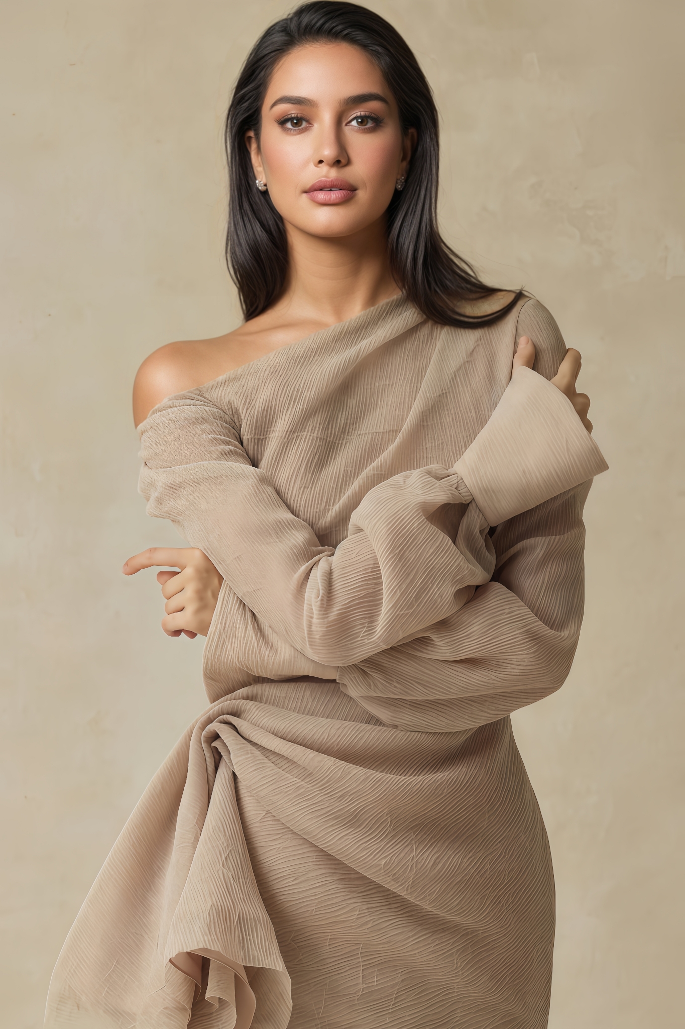 Lerra Asymmetric Neck Draped Midi Dress