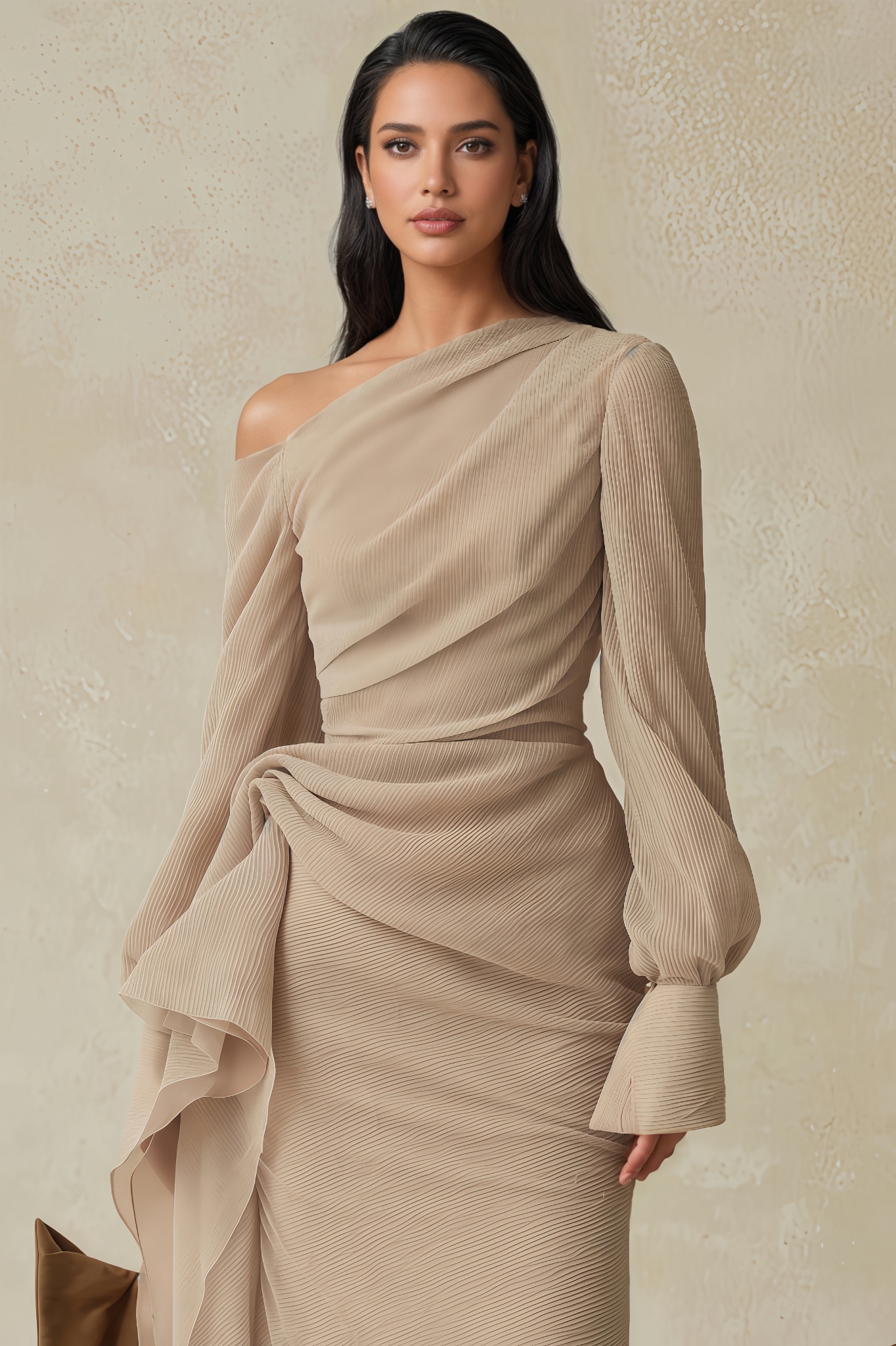Lerra Asymmetric Neck Draped Midi Dress