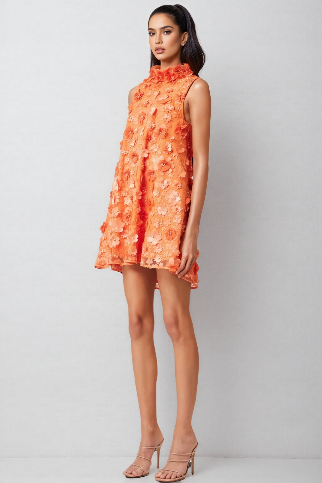 Prued Orange High Neck Trapeze Mini Dress