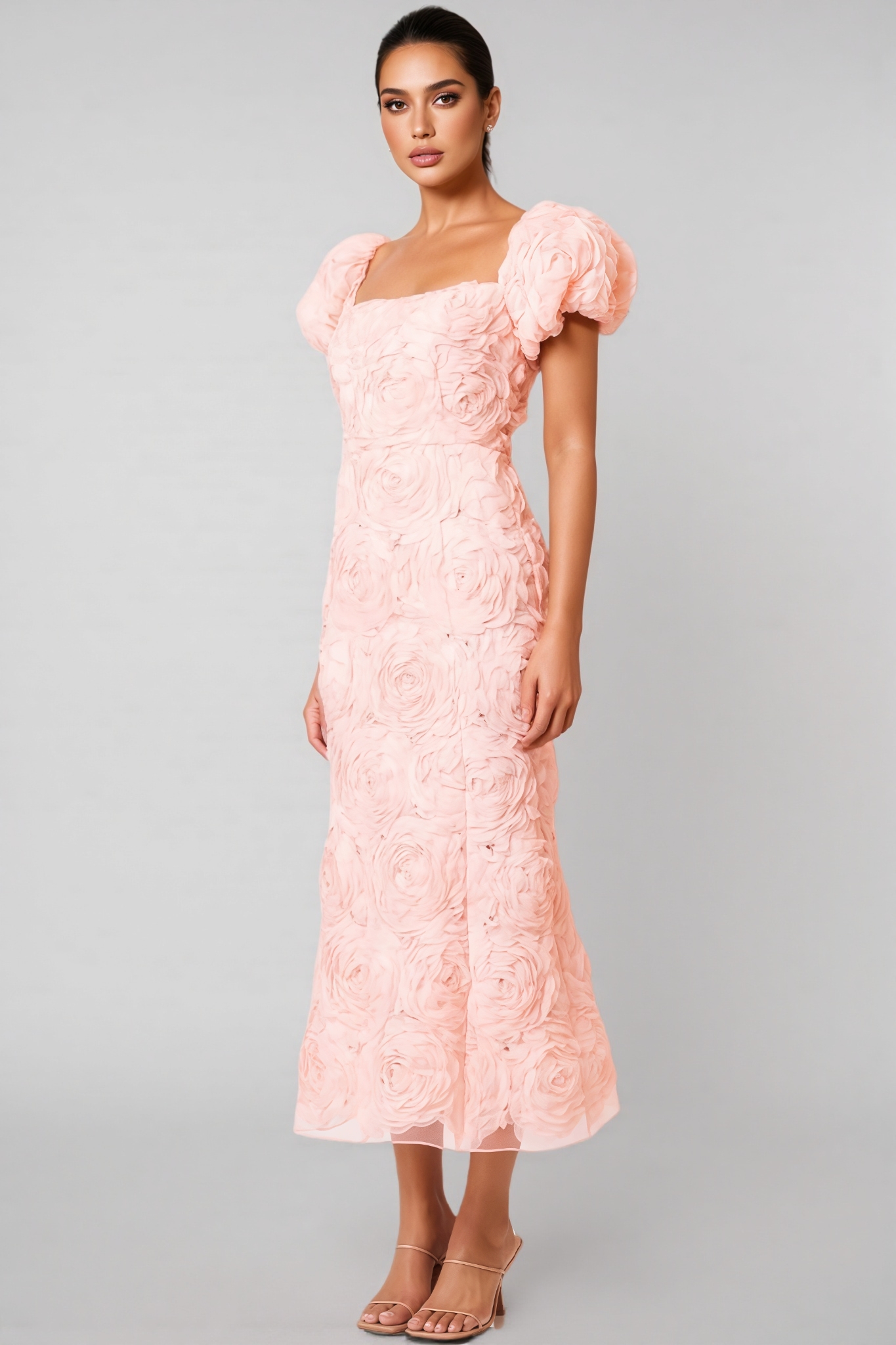 Livia Pink 3D Floral Midi Dress