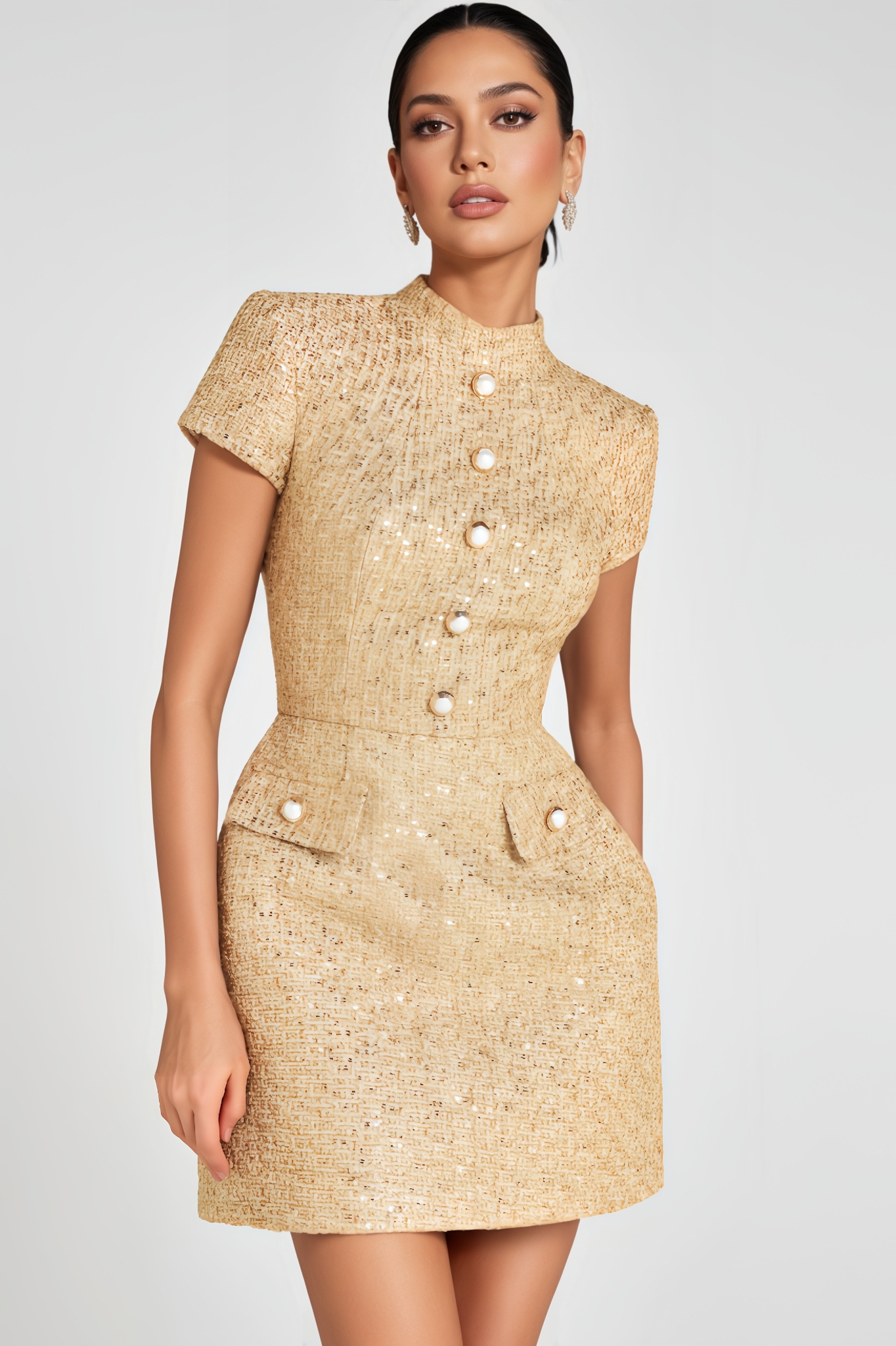 Yui Pearl-Button Vintage Gold Mini Dress