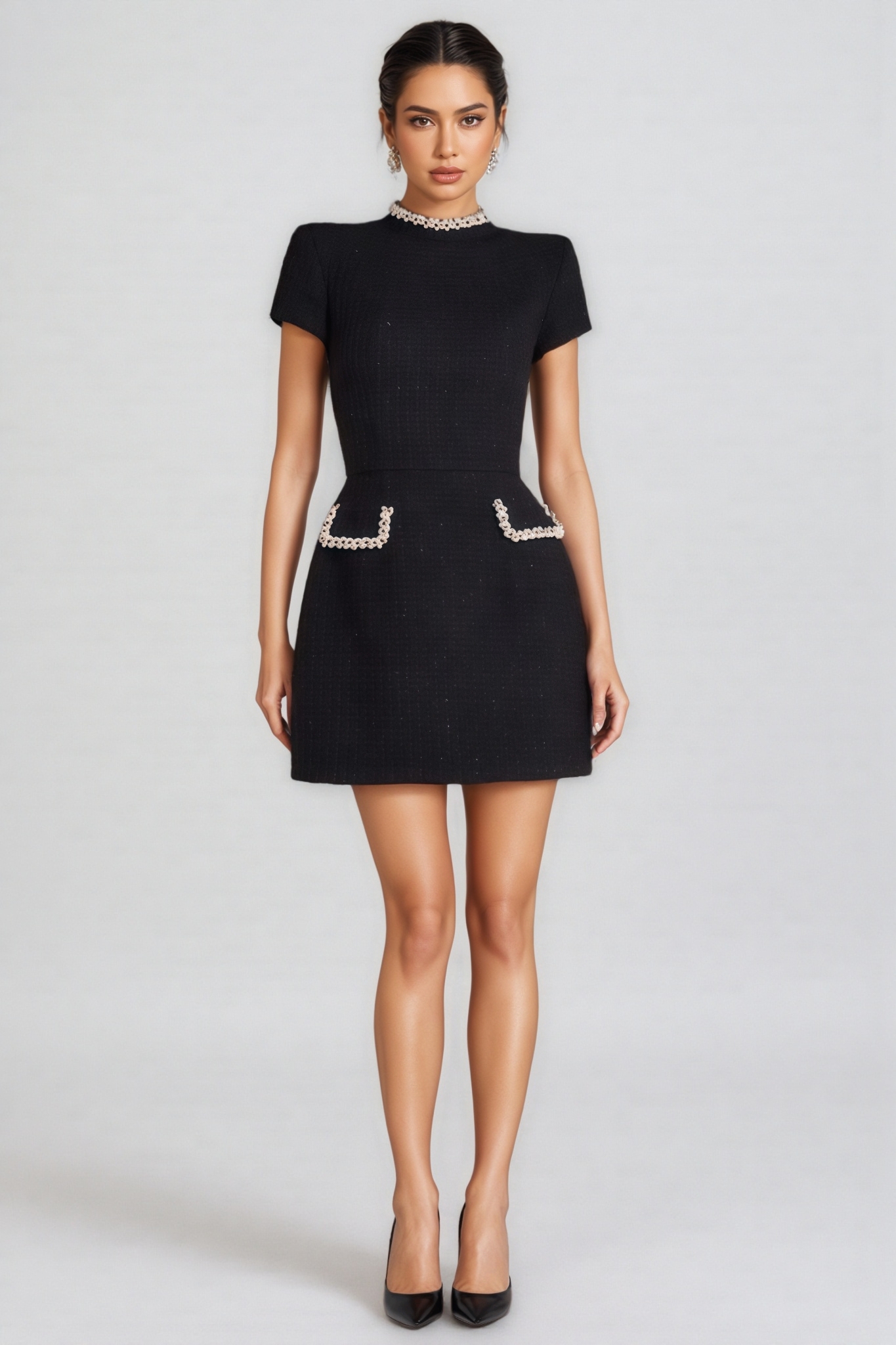 Fifer Black Beaded Chambray Mini Dress