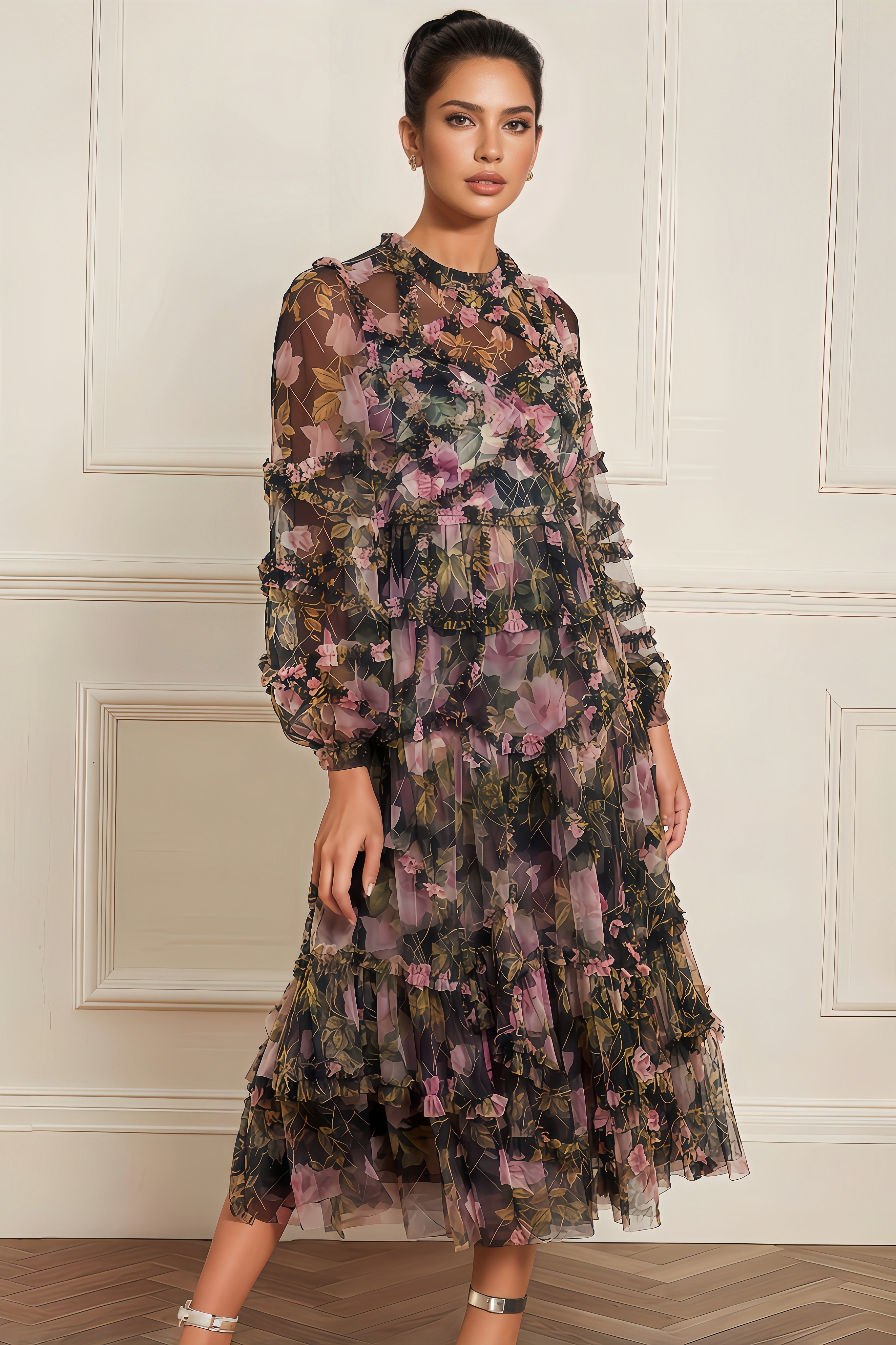 Lanla Rose Diamond Ruffled Midi Dress