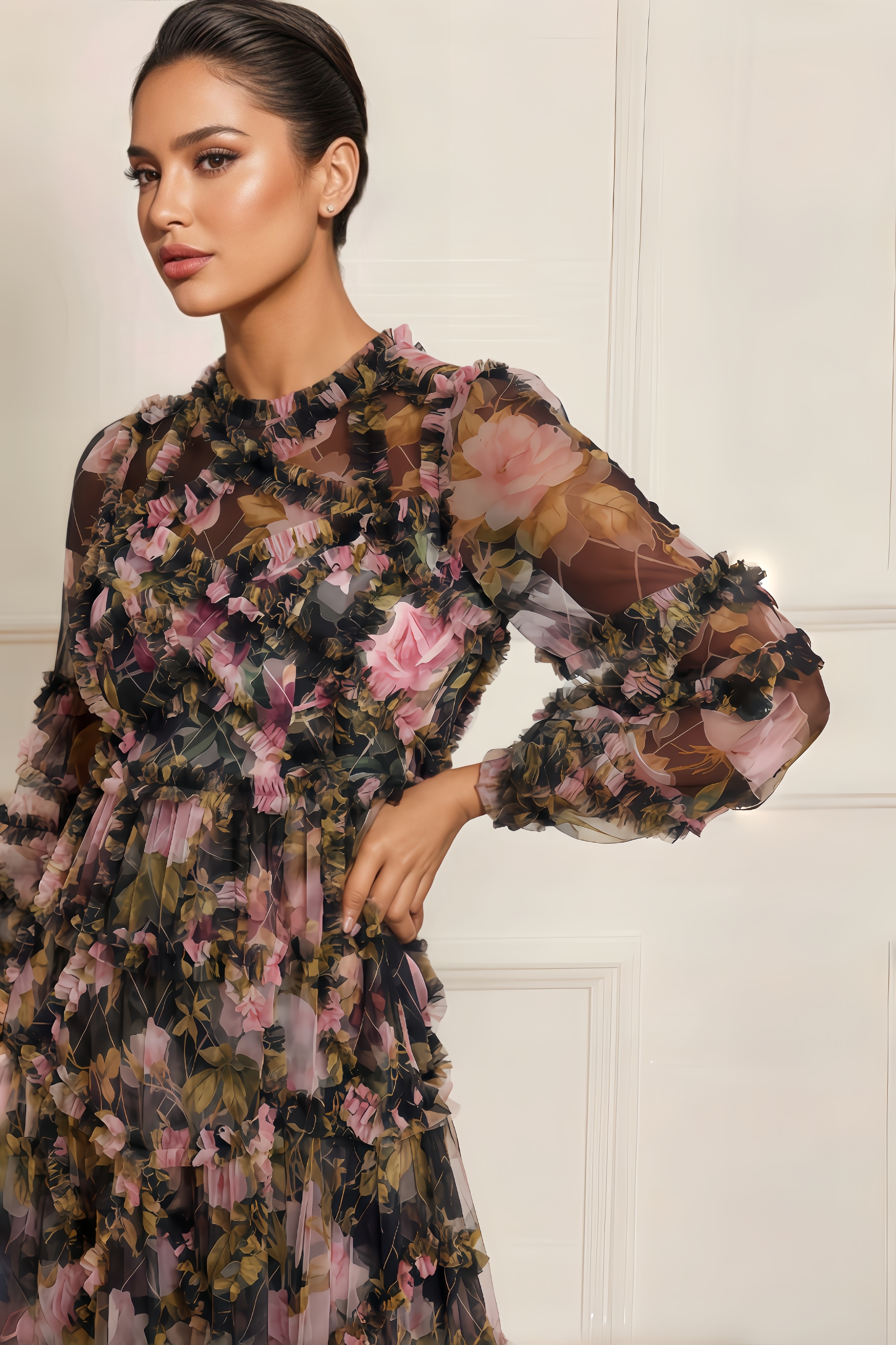 Lanla Rose Diamond Ruffled Midi Dress