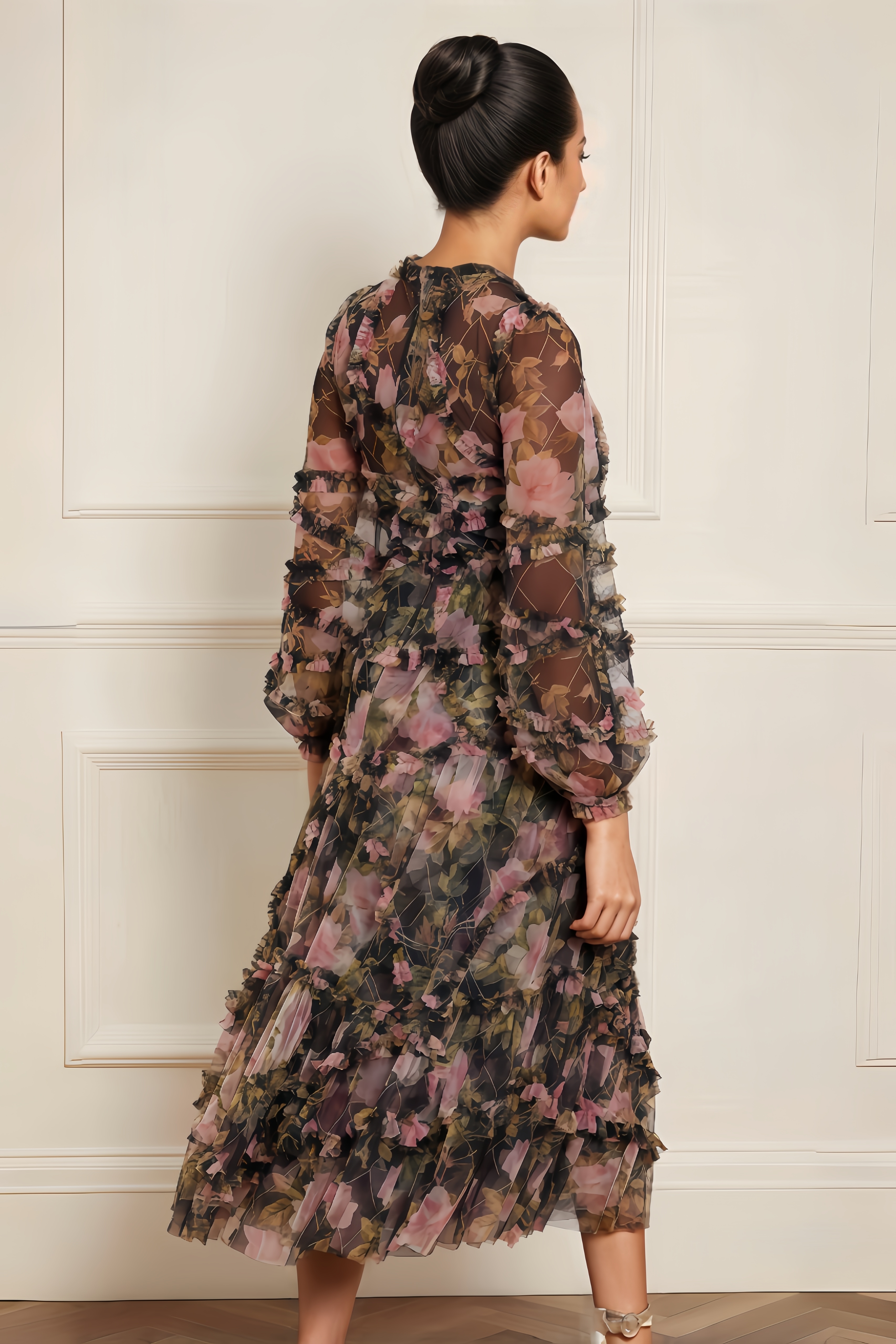 Lanla Rose Diamond Ruffled Midi Dress