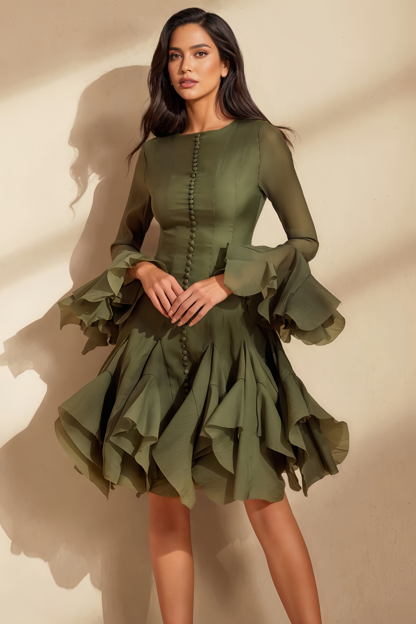 Yamaly Long-Sleeve Flared-Hem Midi Dress