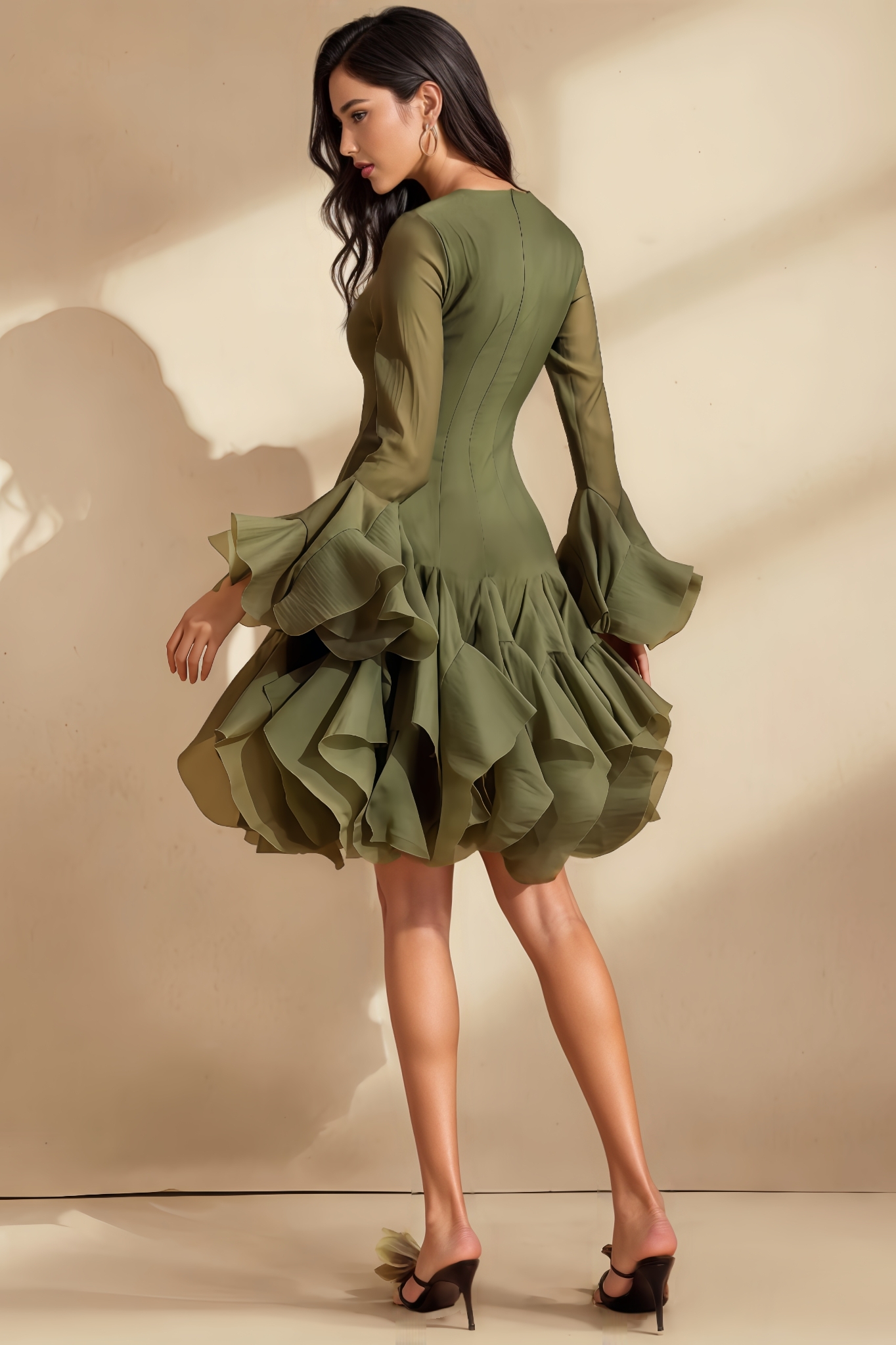 Yamaly Long-Sleeve Flared-Hem Midi Dress