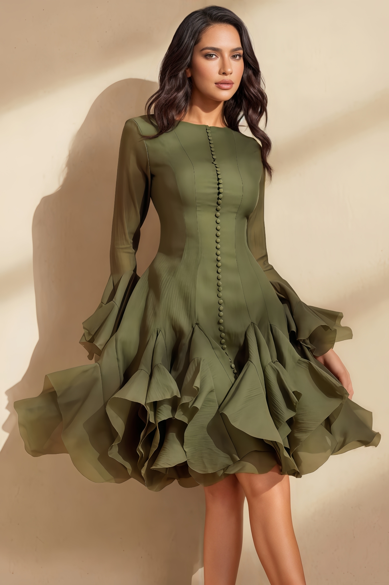 Yamaly Long-Sleeve Flared-Hem Midi Dress