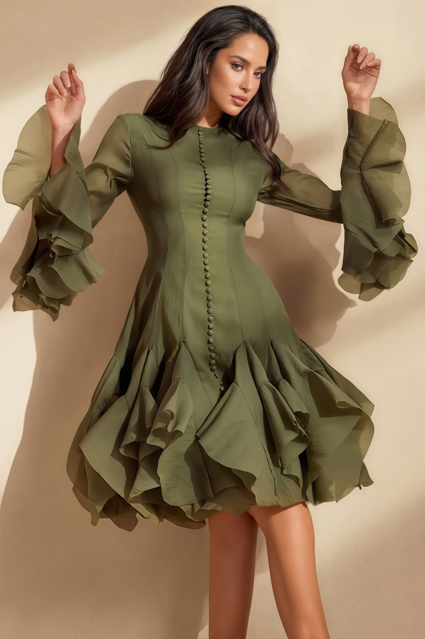 Yamaly Long-Sleeve Flared-Hem Midi Dress