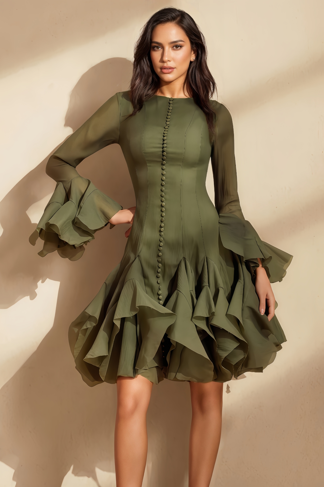 Yamaly Long-Sleeve Flared-Hem Midi Dress