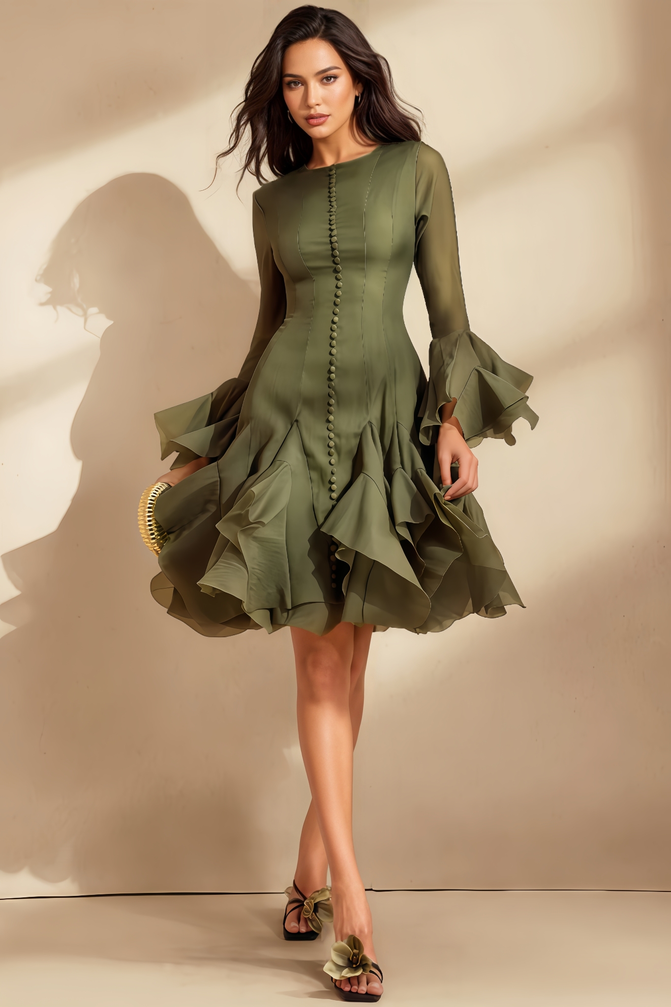 Yamaly Long-Sleeve Flared-Hem Midi Dress