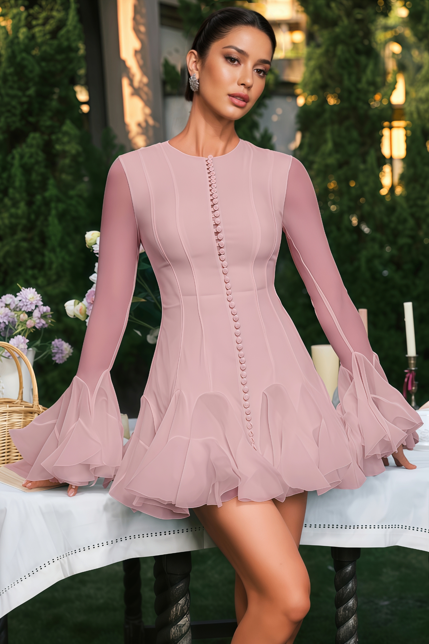 Ravaza Pink Flare Sleeve Button Mini Dress