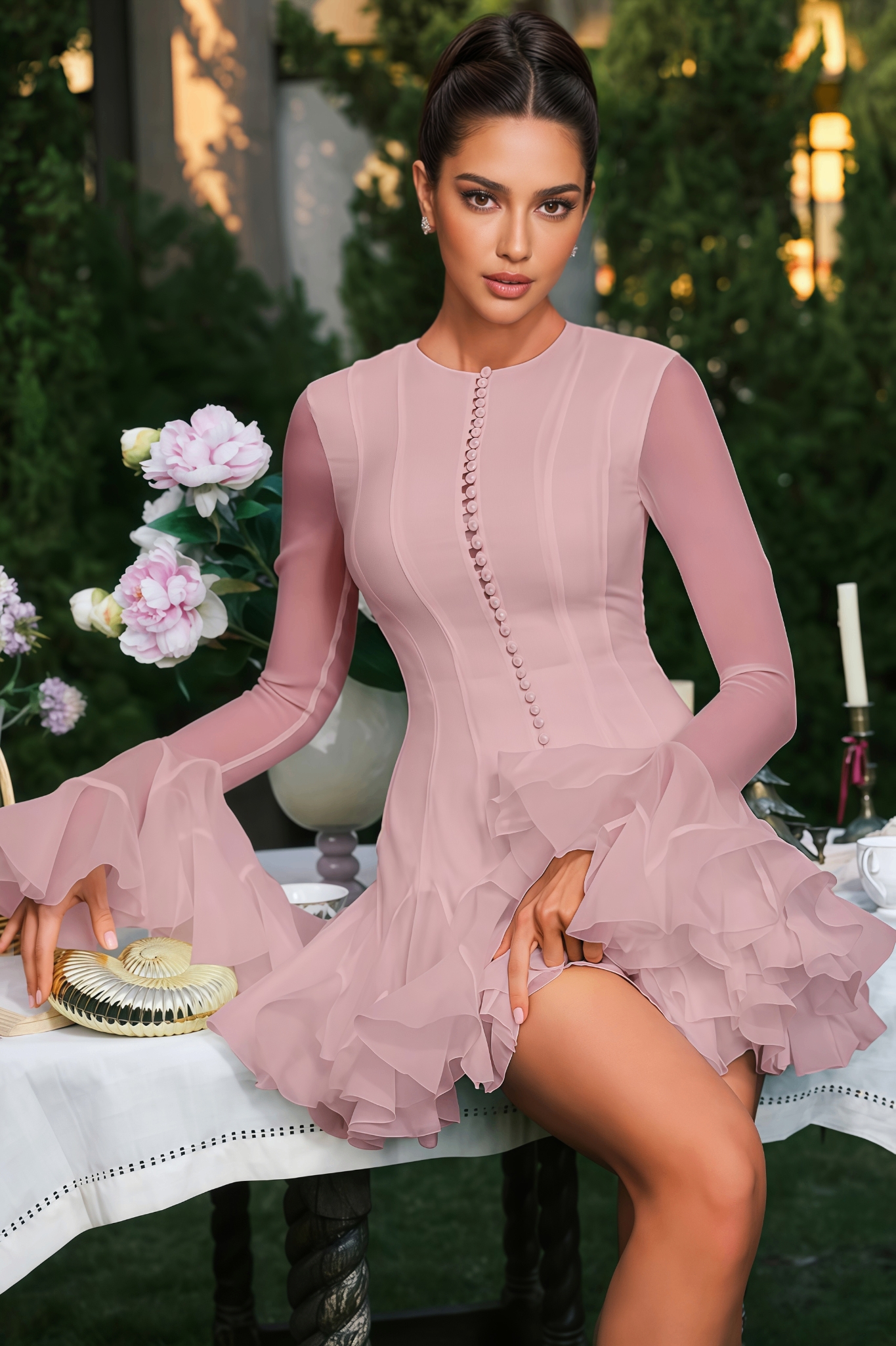 Ravaza Pink Flare Sleeve Button Mini Dress