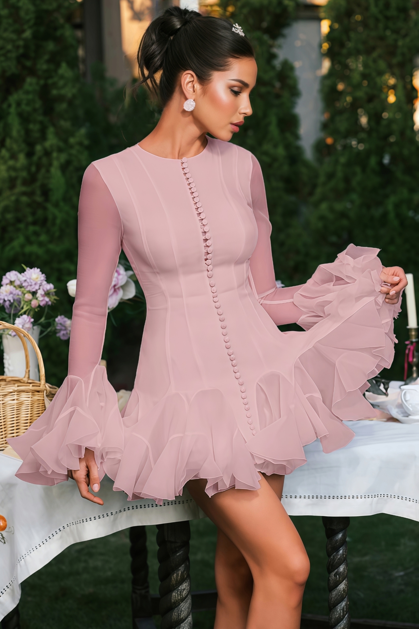 Ravaza Pink Flare Sleeve Button Mini Dress