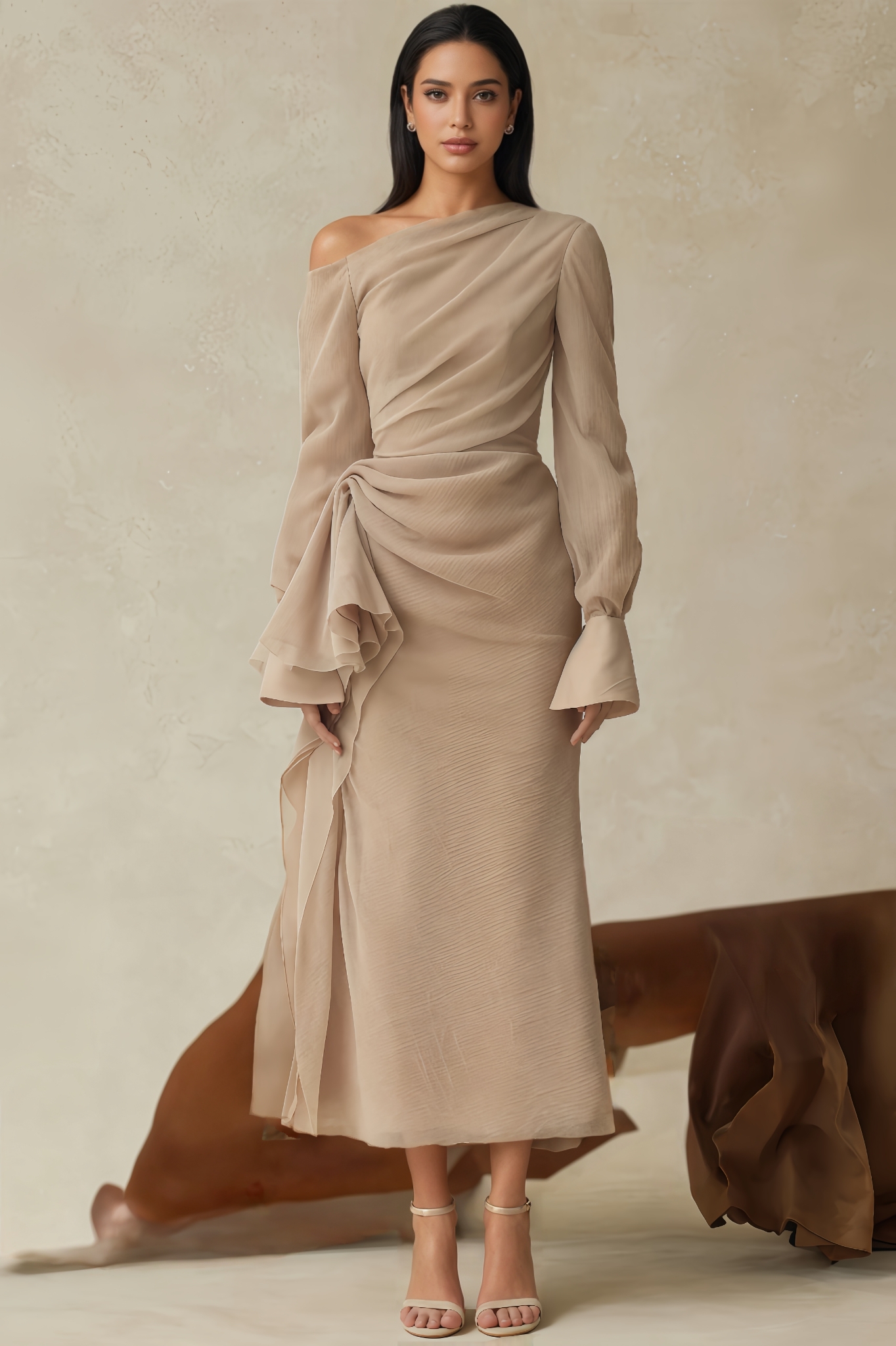 Lerra Asymmetric Neck Draped Midi Dress