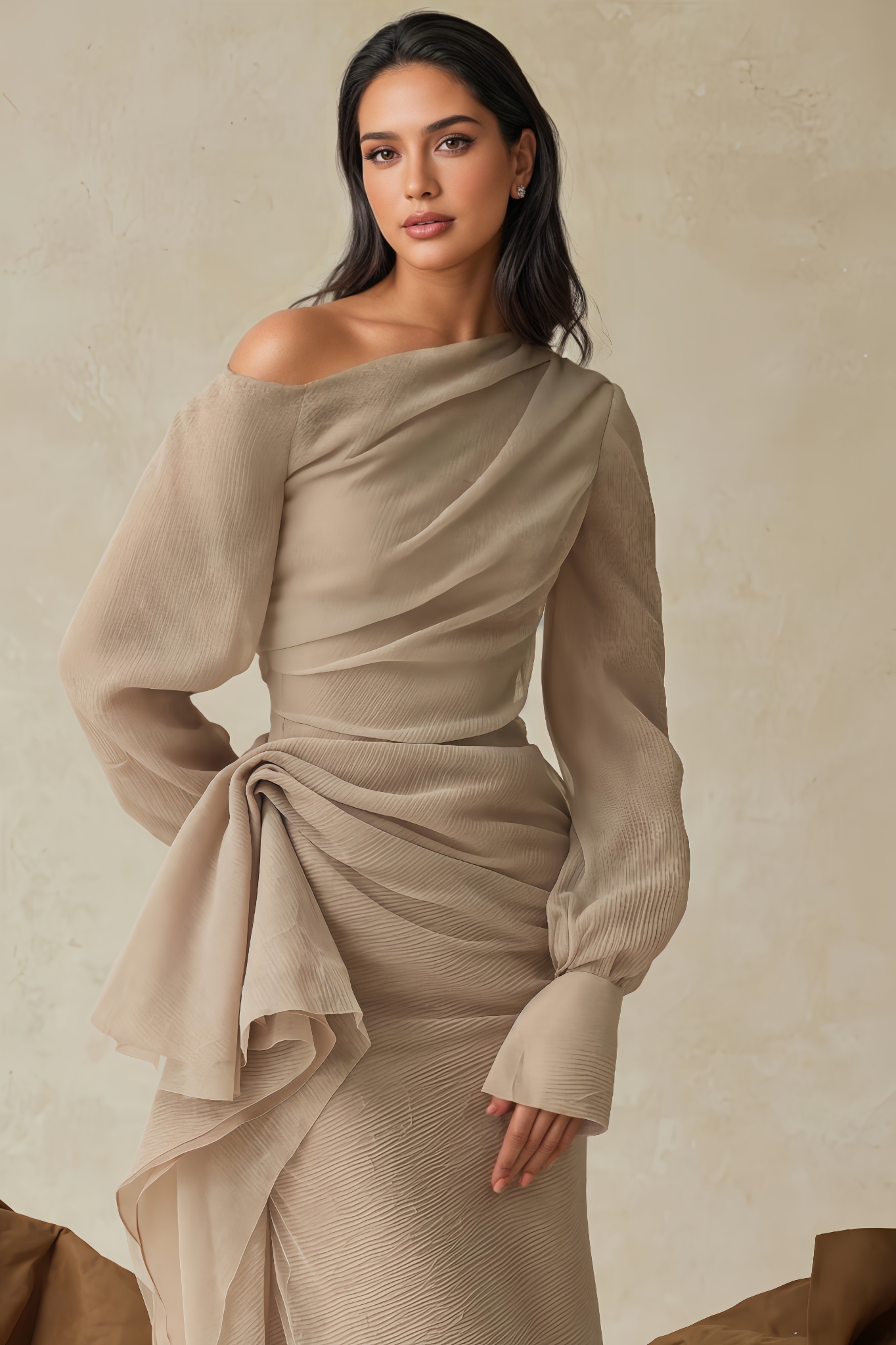Lerra Asymmetric Neck Draped Midi Dress