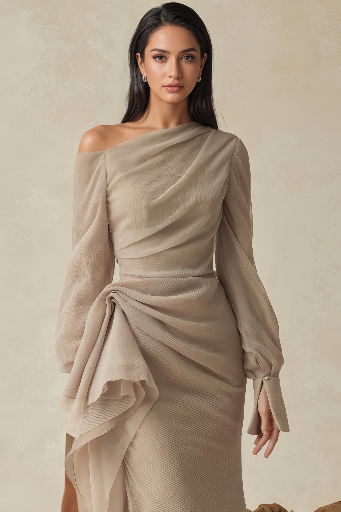 Lerra Asymmetric Neck Draped Midi Dress