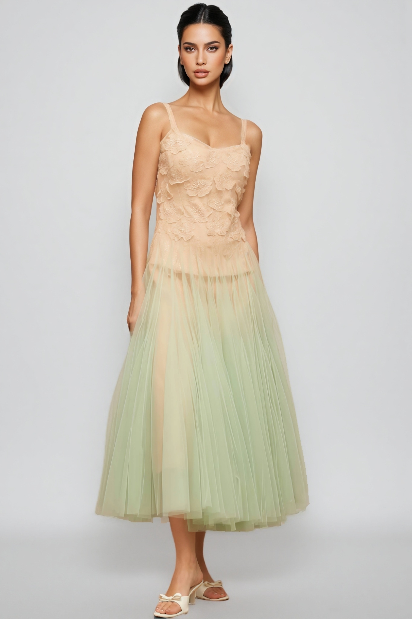 Ylane Halter Mesh Puff Maxi Dress