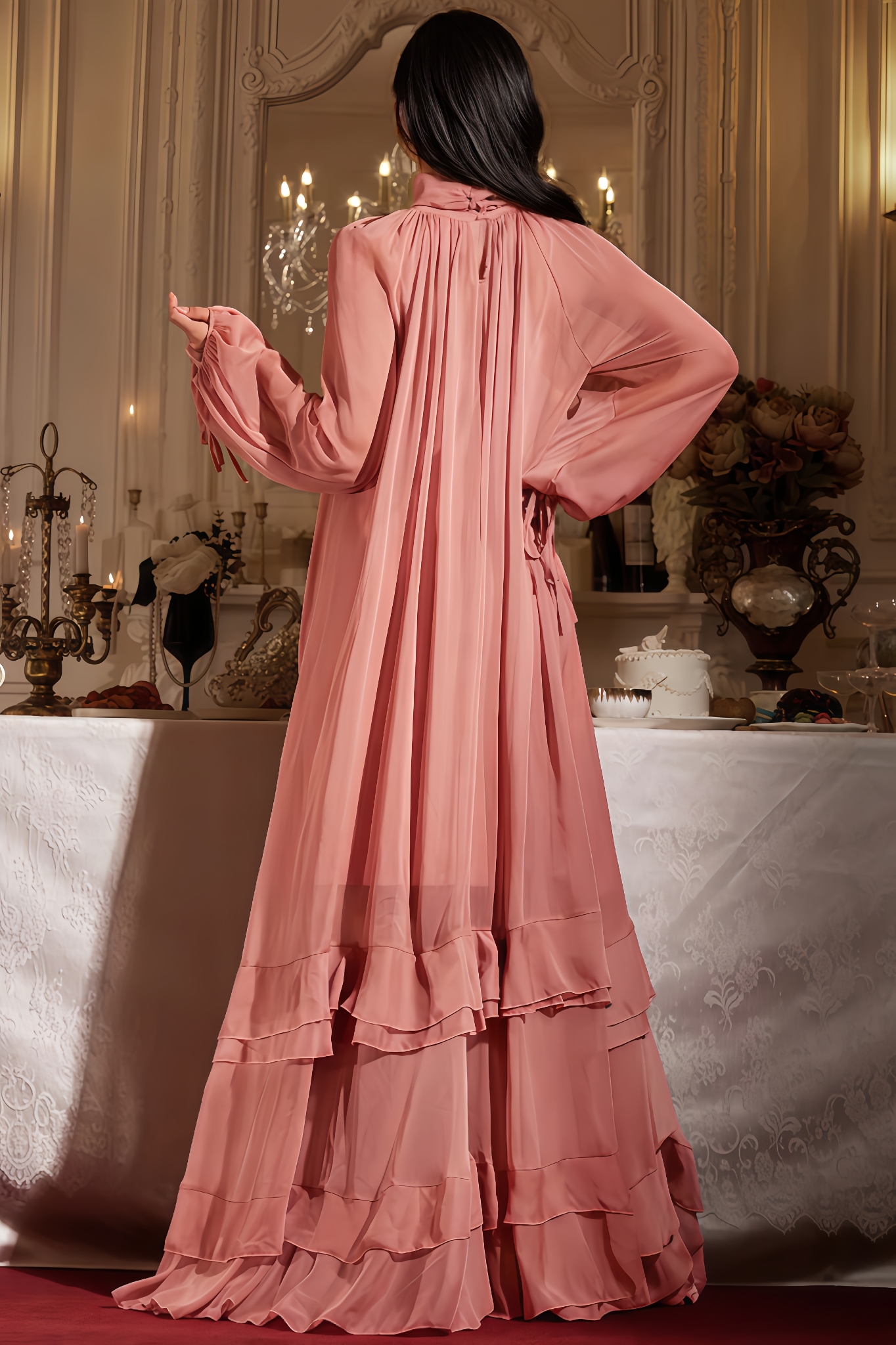 Kassy Balloon Sleeve Draped Ruffle Maxi Dress