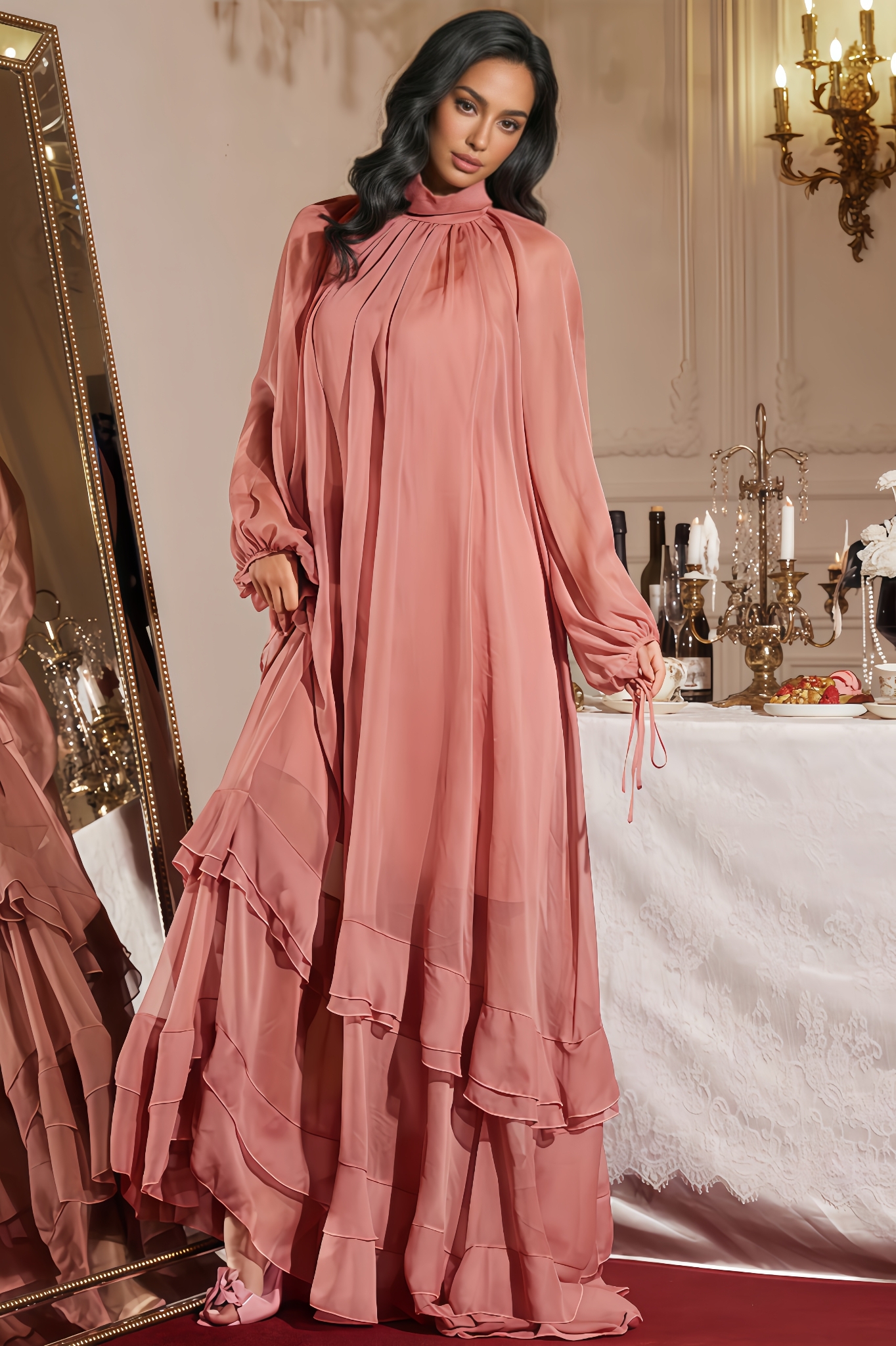 Kassy Balloon Sleeve Draped Ruffle Maxi Dress