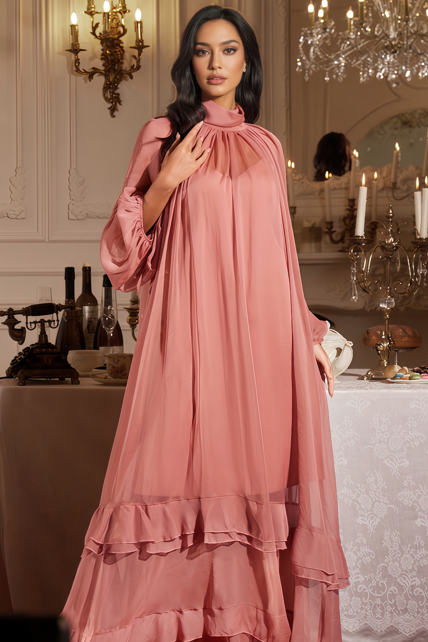 Kassy Balloon Sleeve Draped Ruffle Maxi Dress