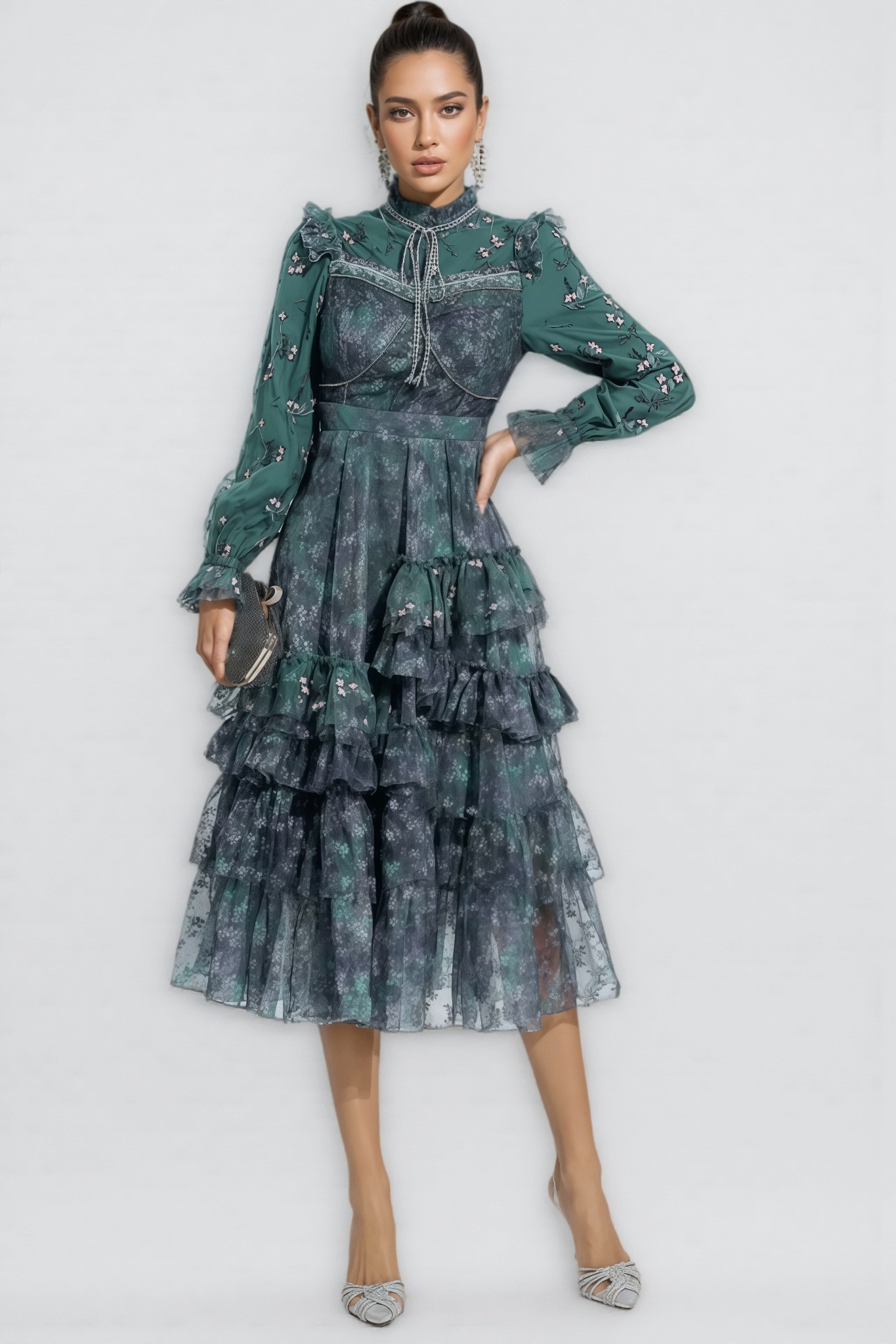 Fagaro Green Floral Mesh Midi Dress