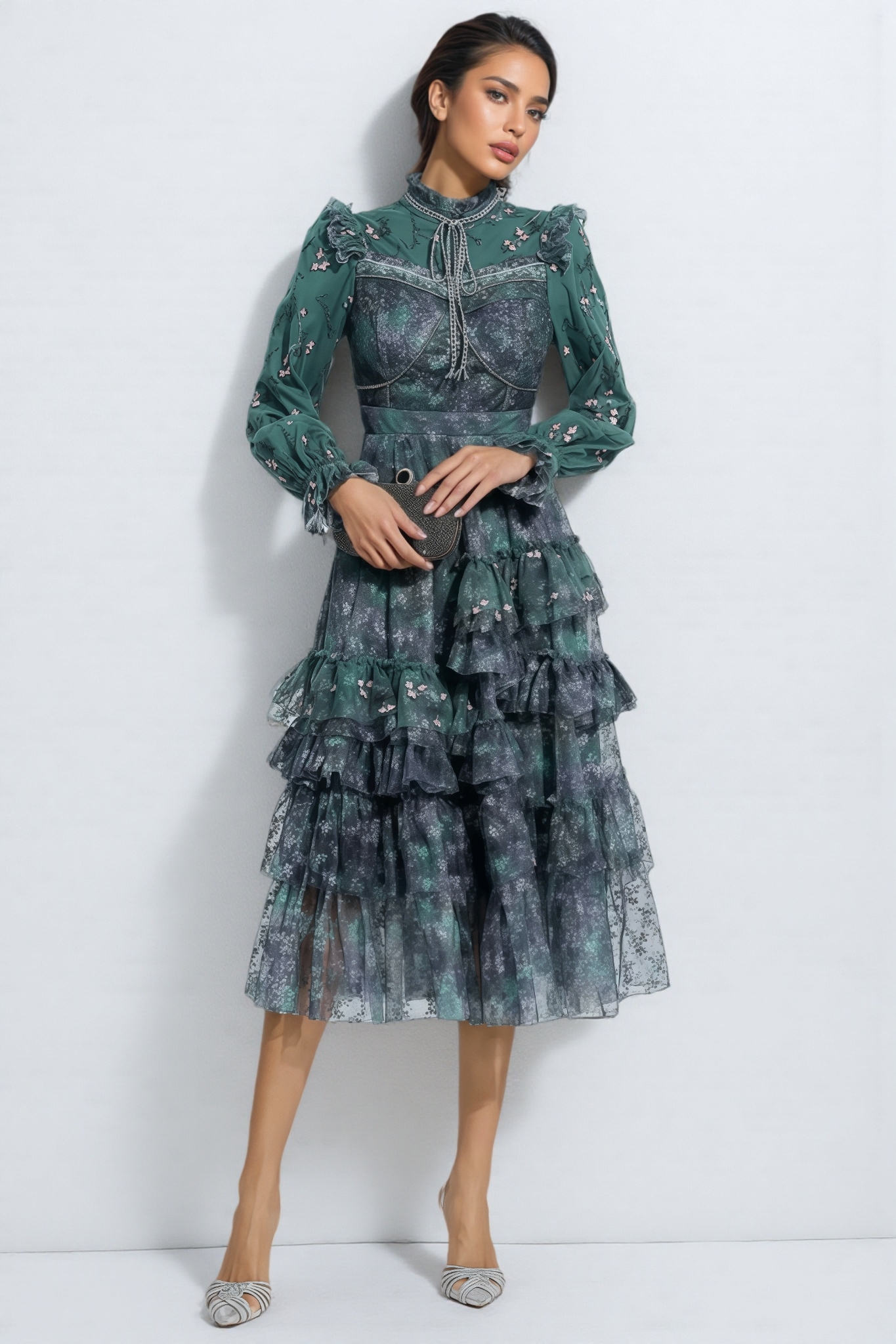 Fagaro Green Floral Mesh Midi Dress