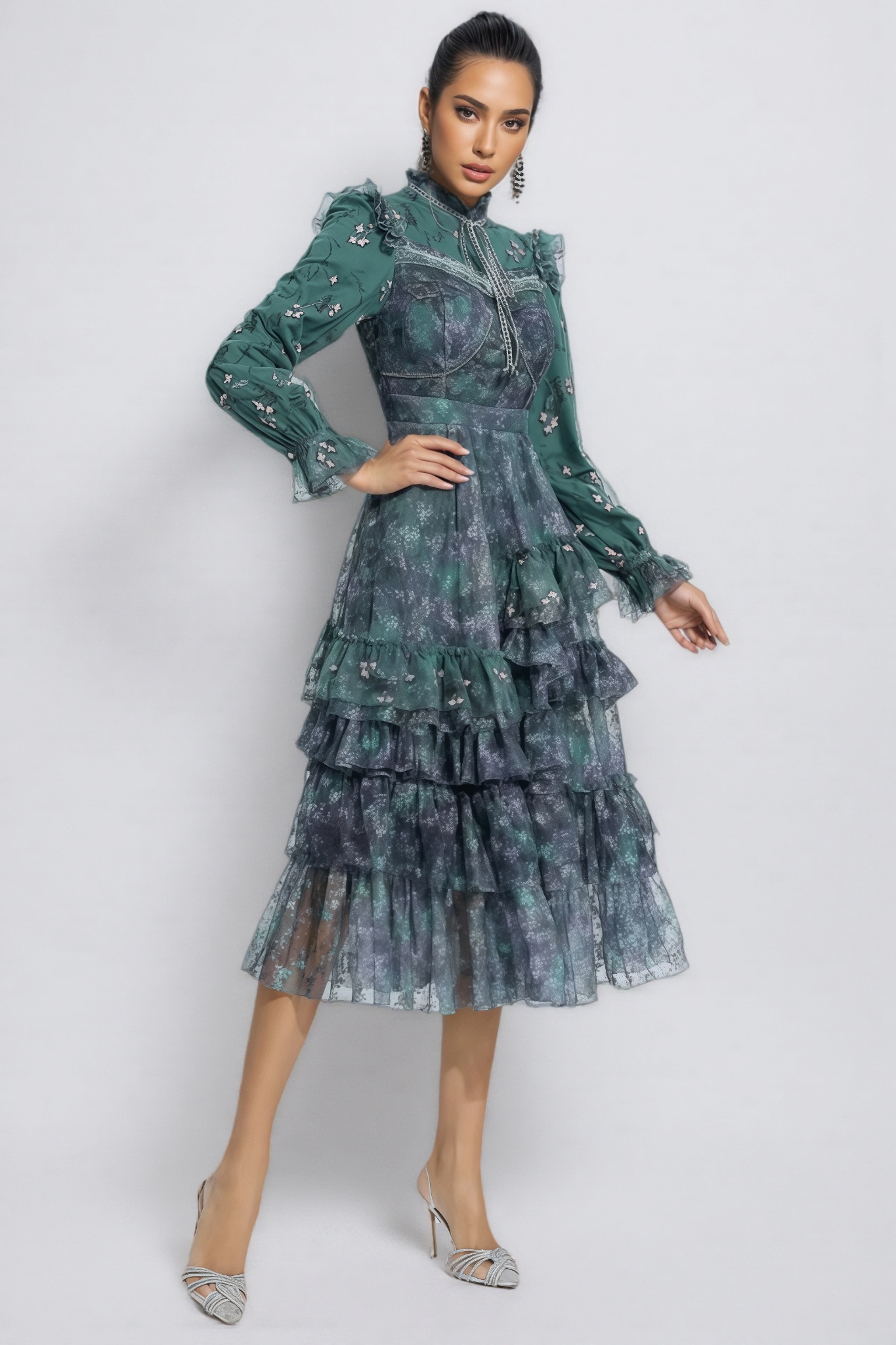 Fagaro Green Floral Mesh Midi Dress