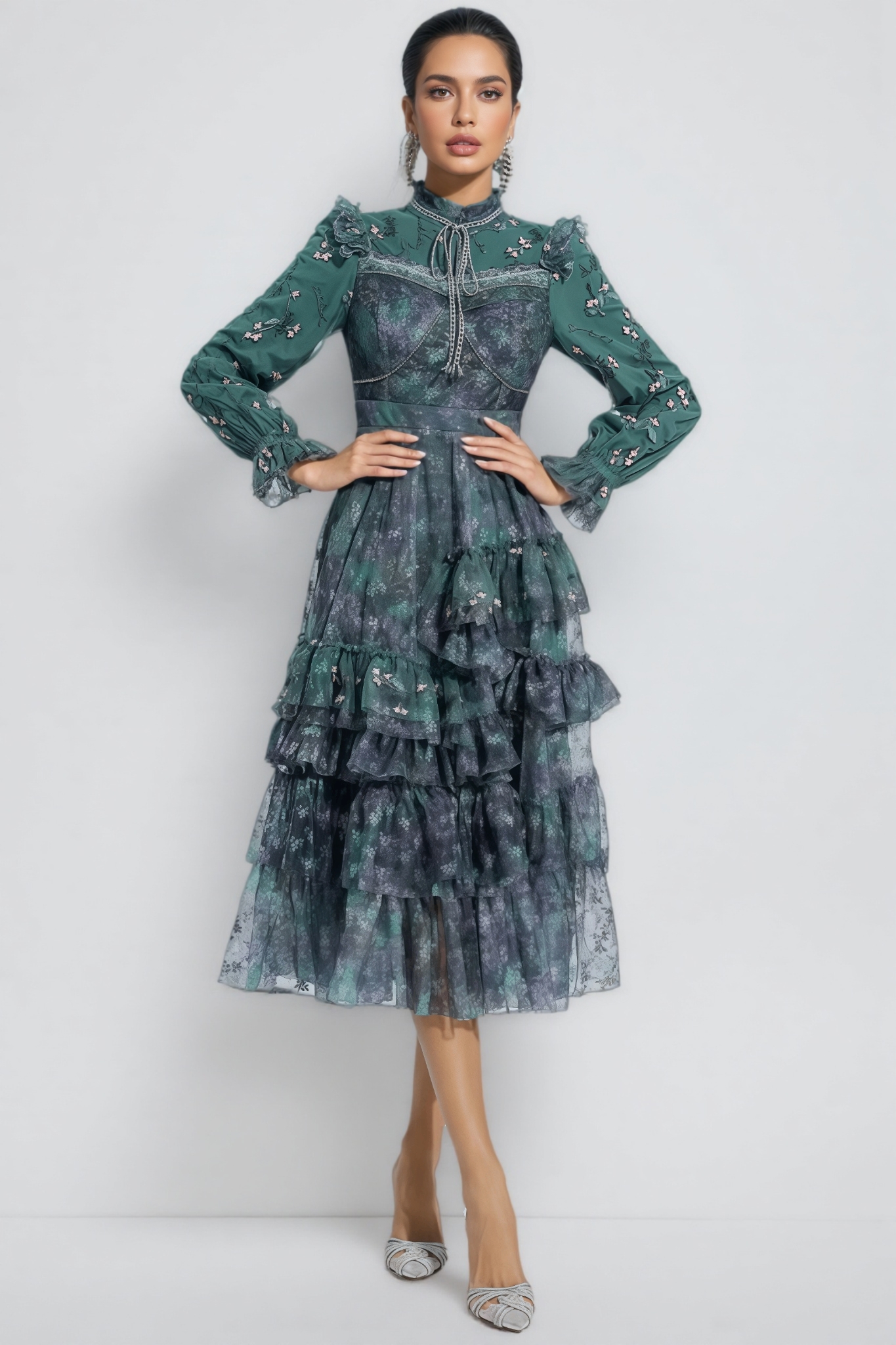 Fagaro Green Floral Mesh Midi Dress