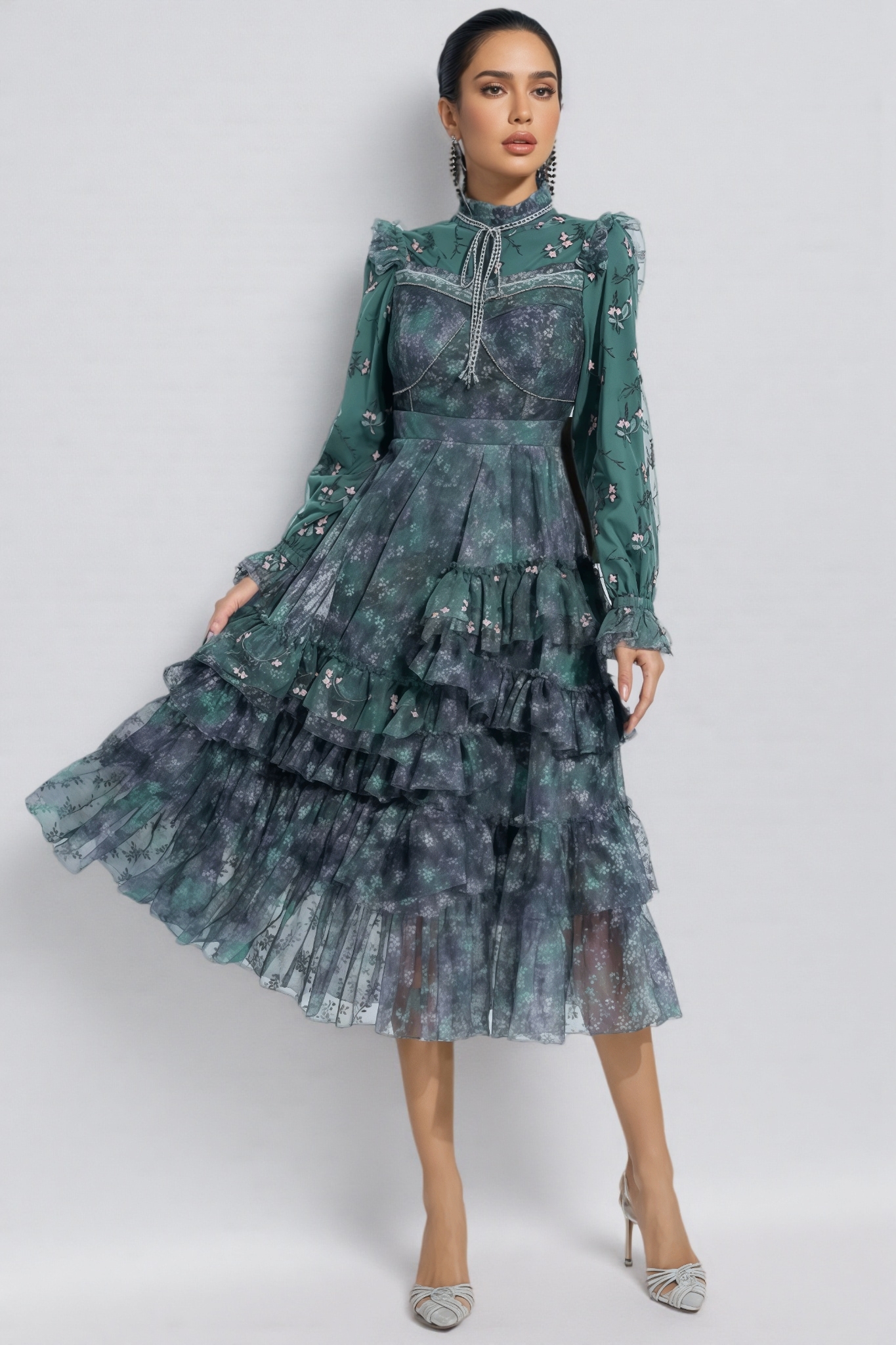 Fagaro Green Floral Mesh Midi Dress
